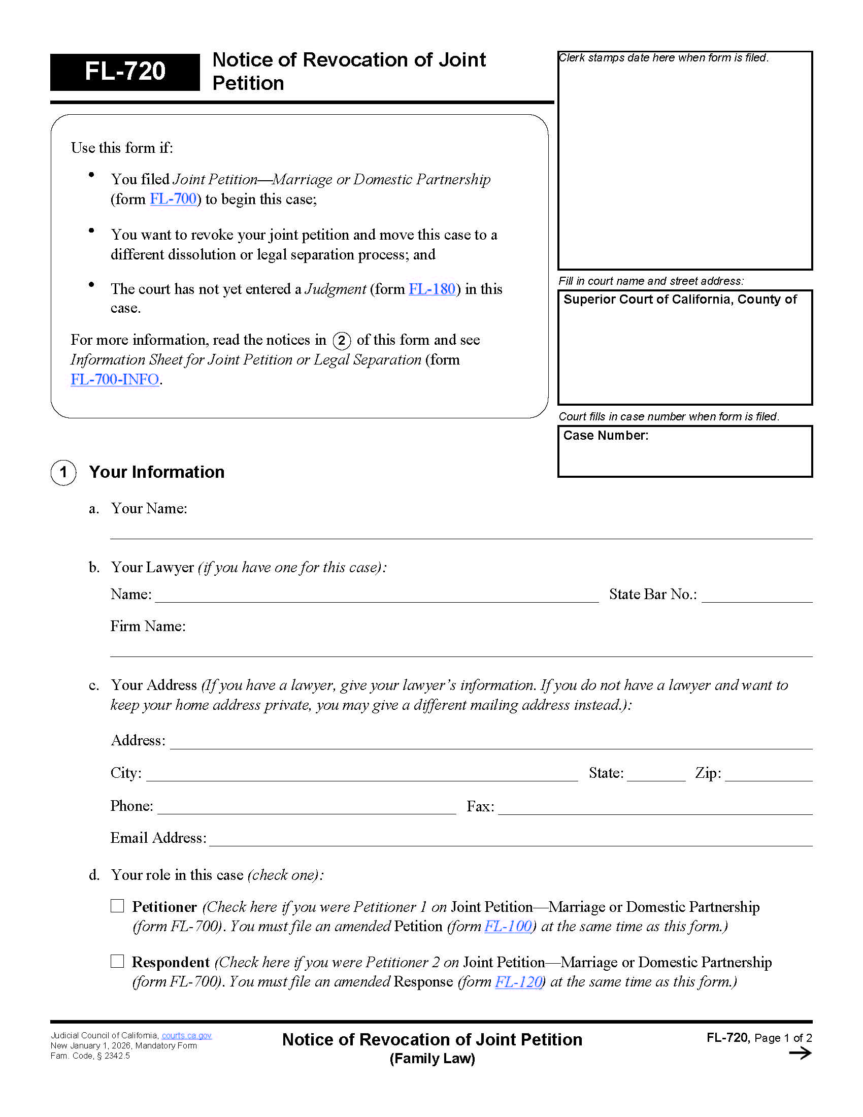 Notice Of Revocation Of Joint Petition {FL-720} | Pdf Fpdf Docx | California