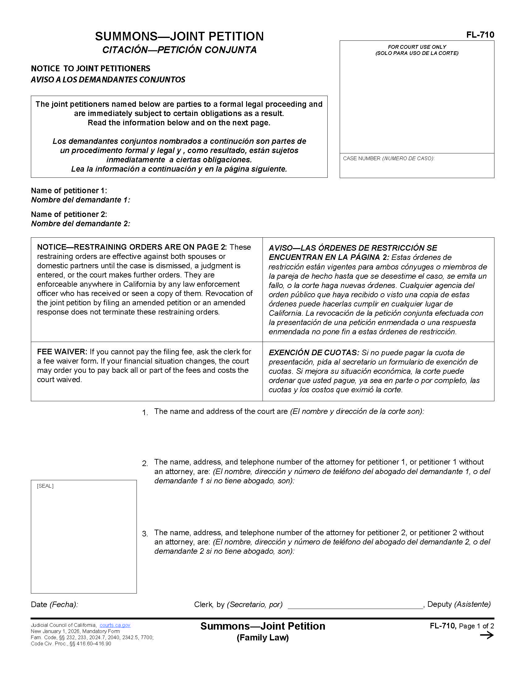 Summons-Joint Petition (Family Law) {FL-710} | Pdf Fpdf Docx | California