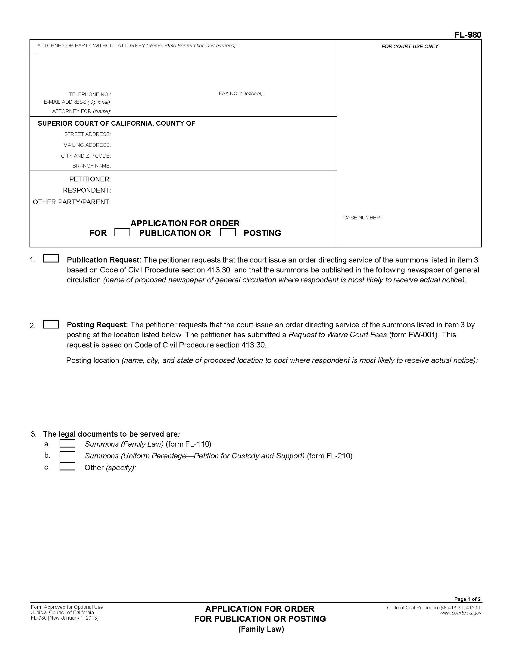 Application For Order For Publication Or Posting {FL-980} | Pdf Fpdf Doc Docx | California