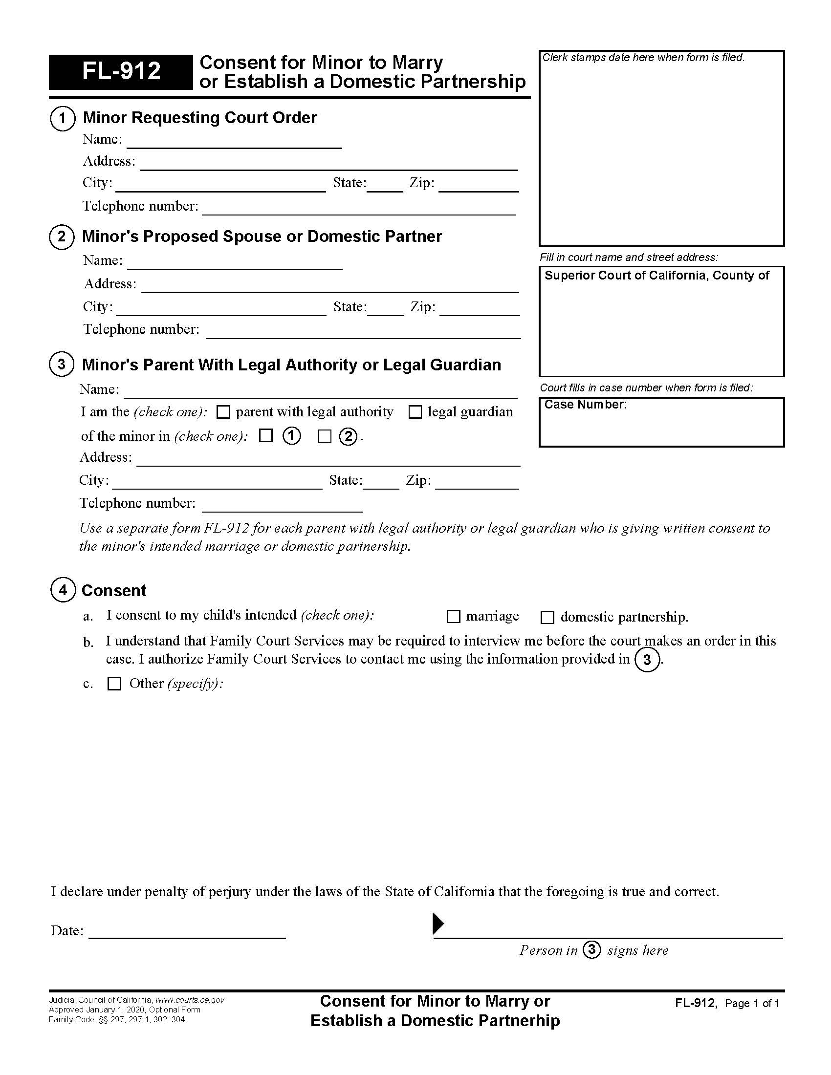 Consent For Minor To Marry Or Establish A Domestic Partnership {FL-912} | Pdf Fpdf Docx | California