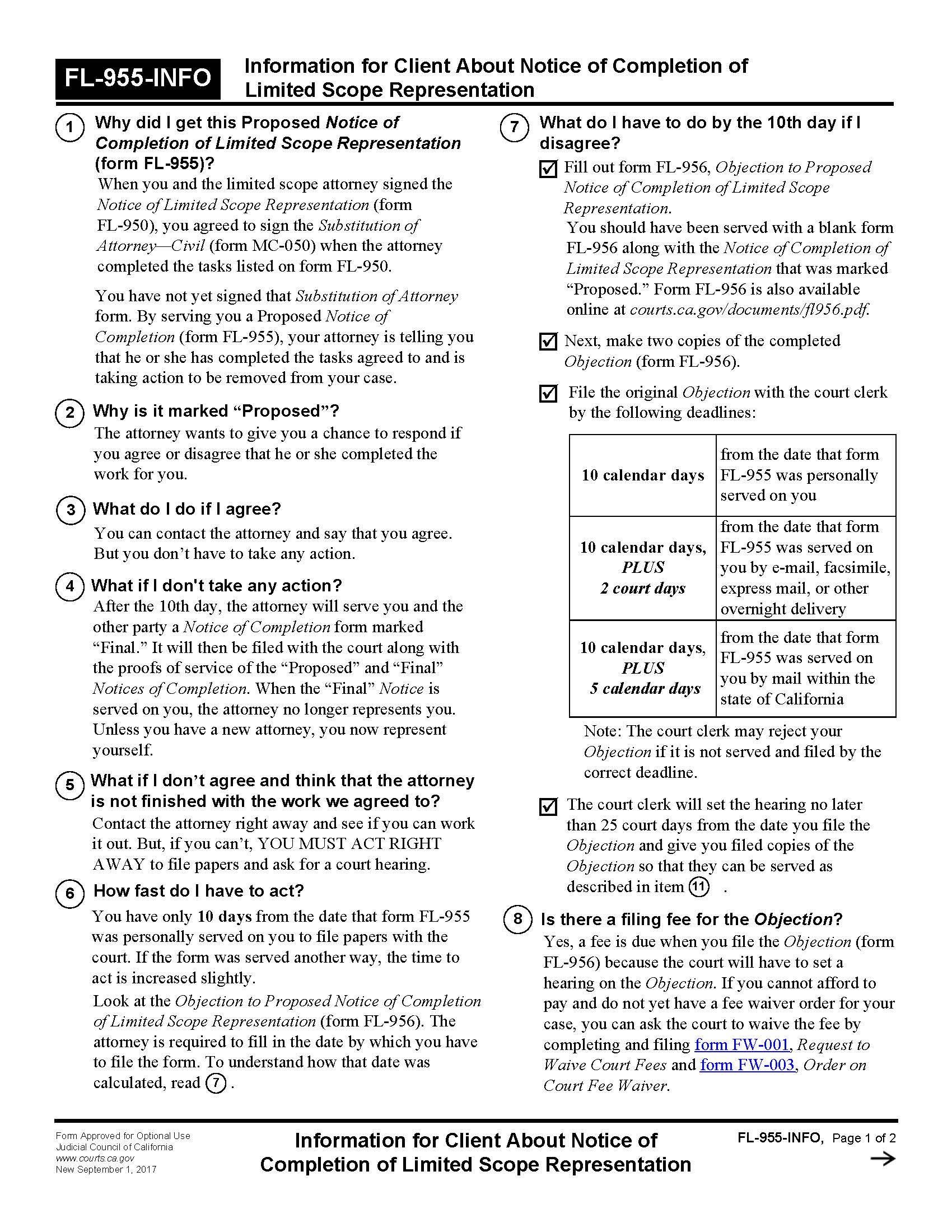 Information For Client About Notice Of Completion Of Limited Scope Representation {FL-955-INFO} | Pdf Fpdf Doc Docx | California