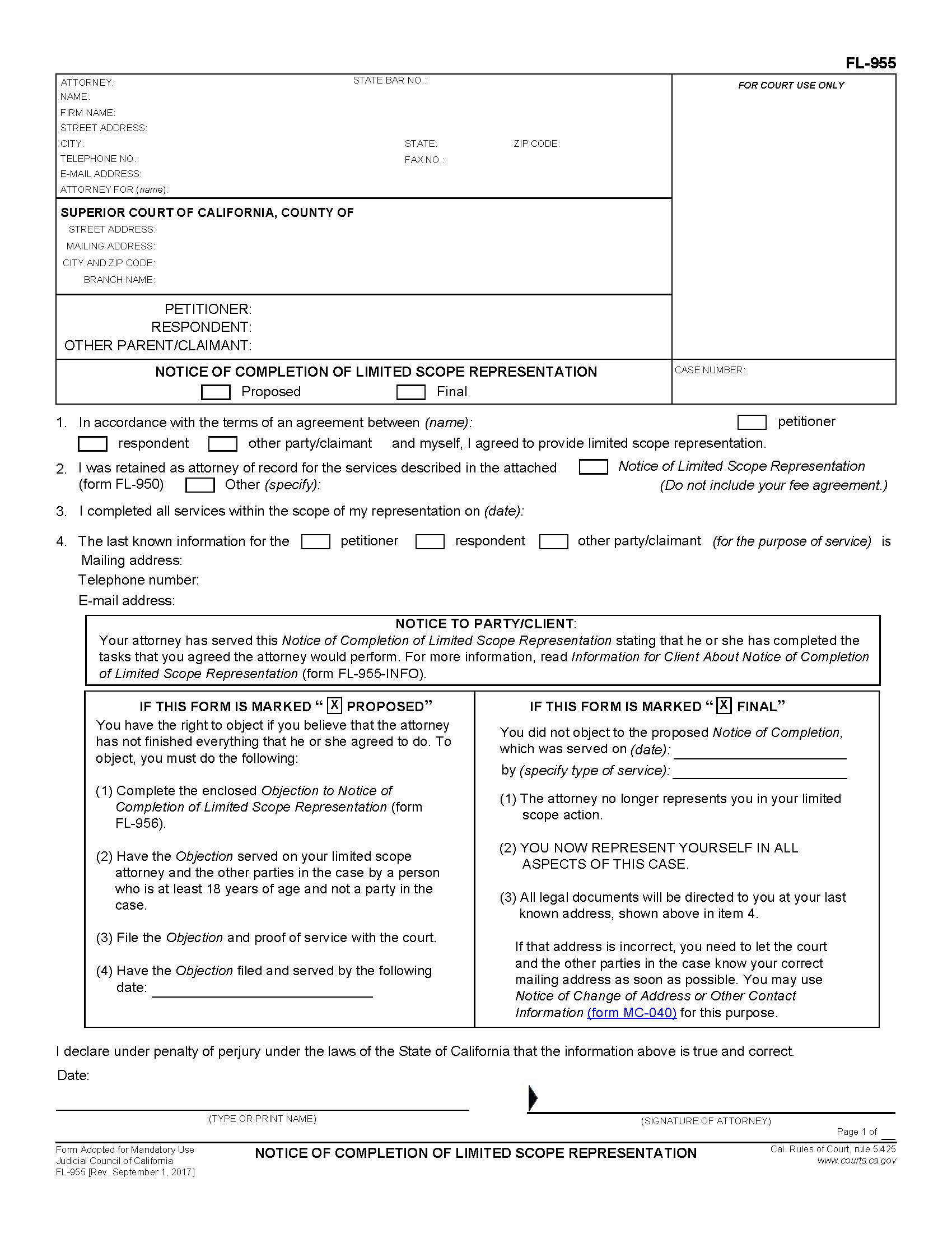 Notice Of Completion Of Limited Scope Representation {FL-955} | Pdf Fpdf Doc Docx | California