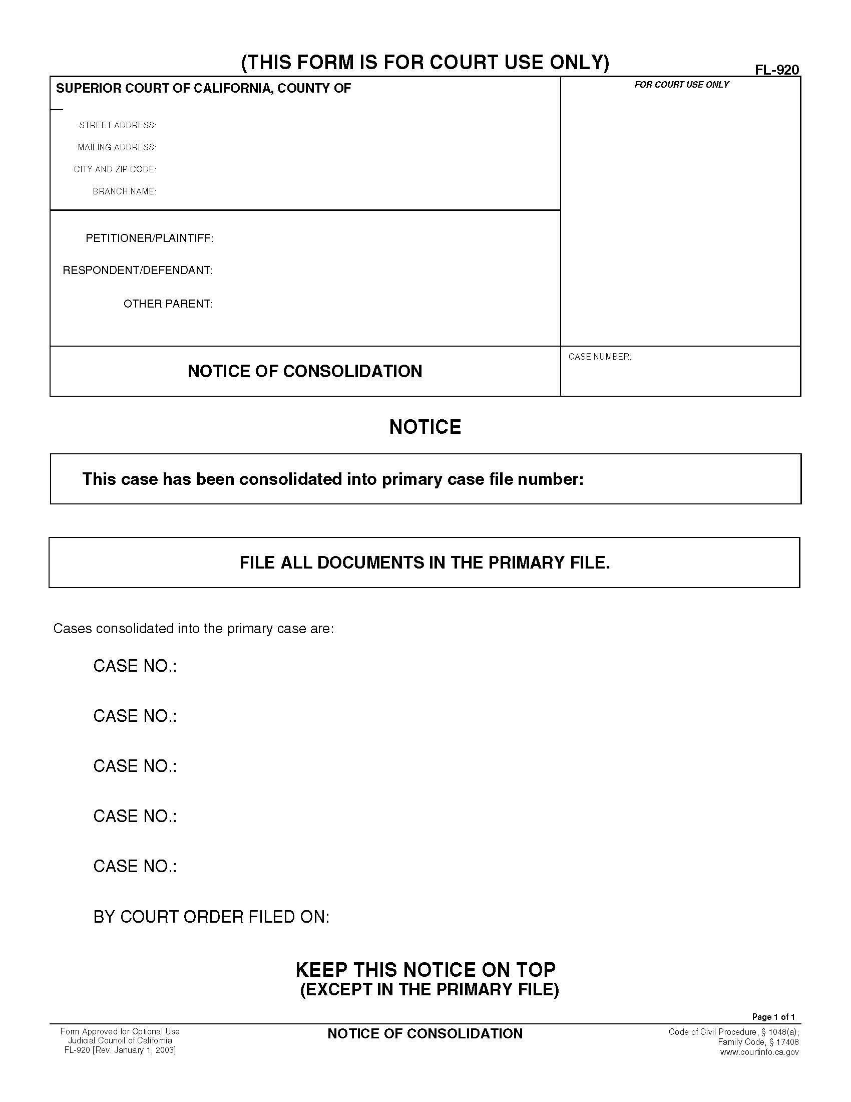 Notice Of Consolidation {FL-920} | Pdf Fpdf Doc Docx | California