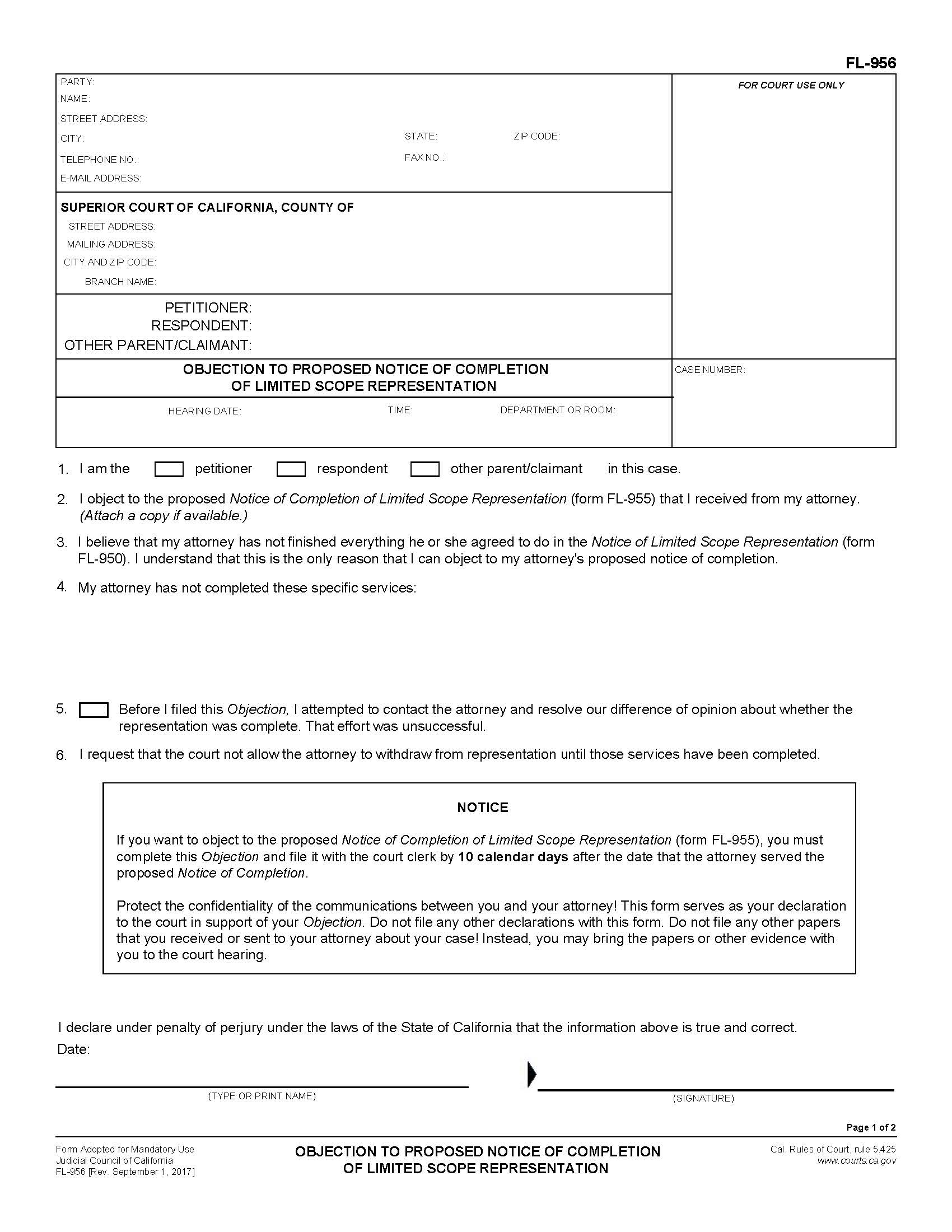 Objection To Proposed Notice Of Completion Of Limited Scope Representation {FL-956} | Pdf Fpdf Doc Docx | California
