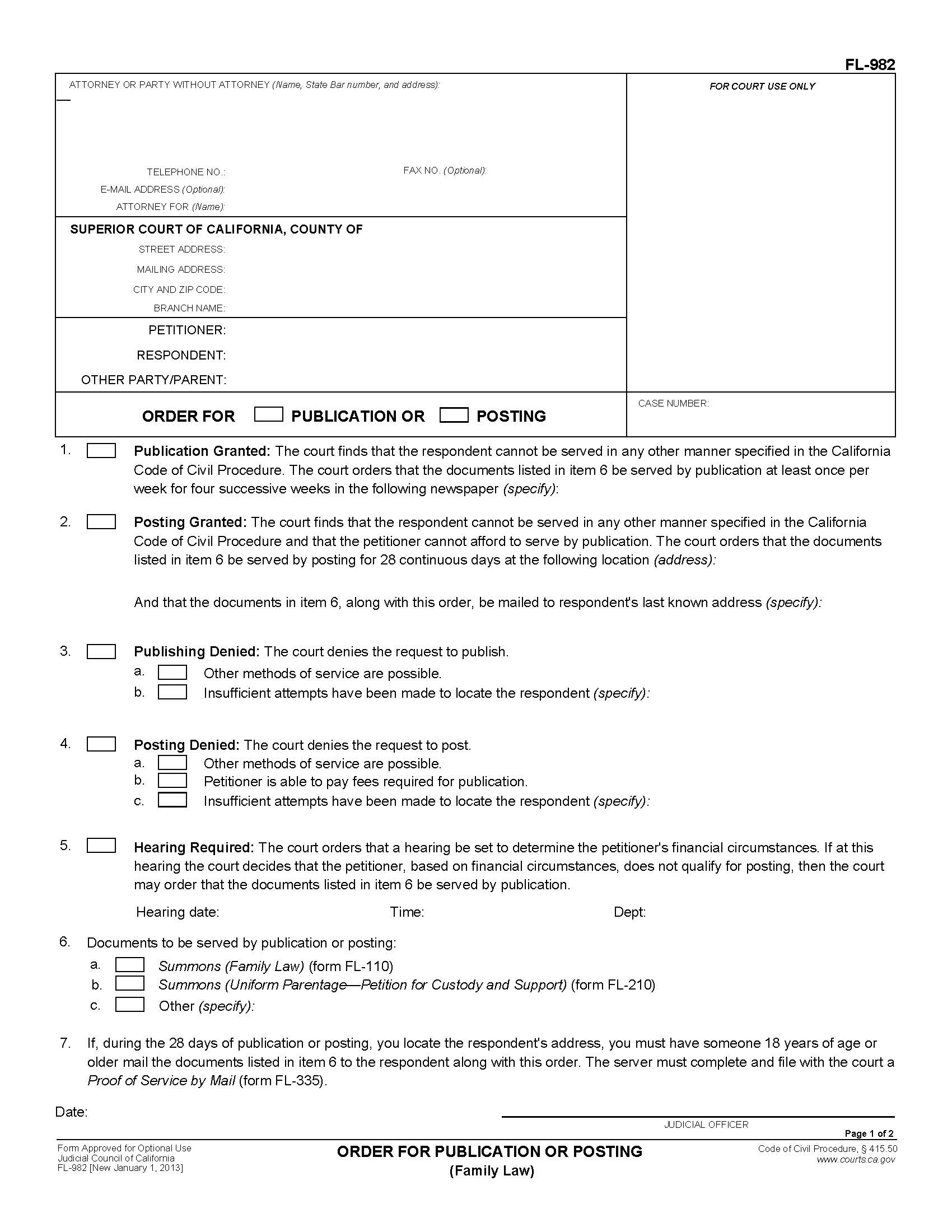 Order For Publication Or Posting {FL-982} | Pdf Fpdf Doc Docx | California