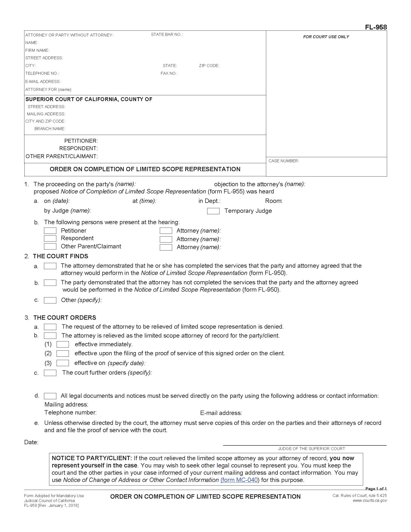 Order On Completion Of Limited Scope Representation {FL-958} | Pdf Fpdf Docx | California