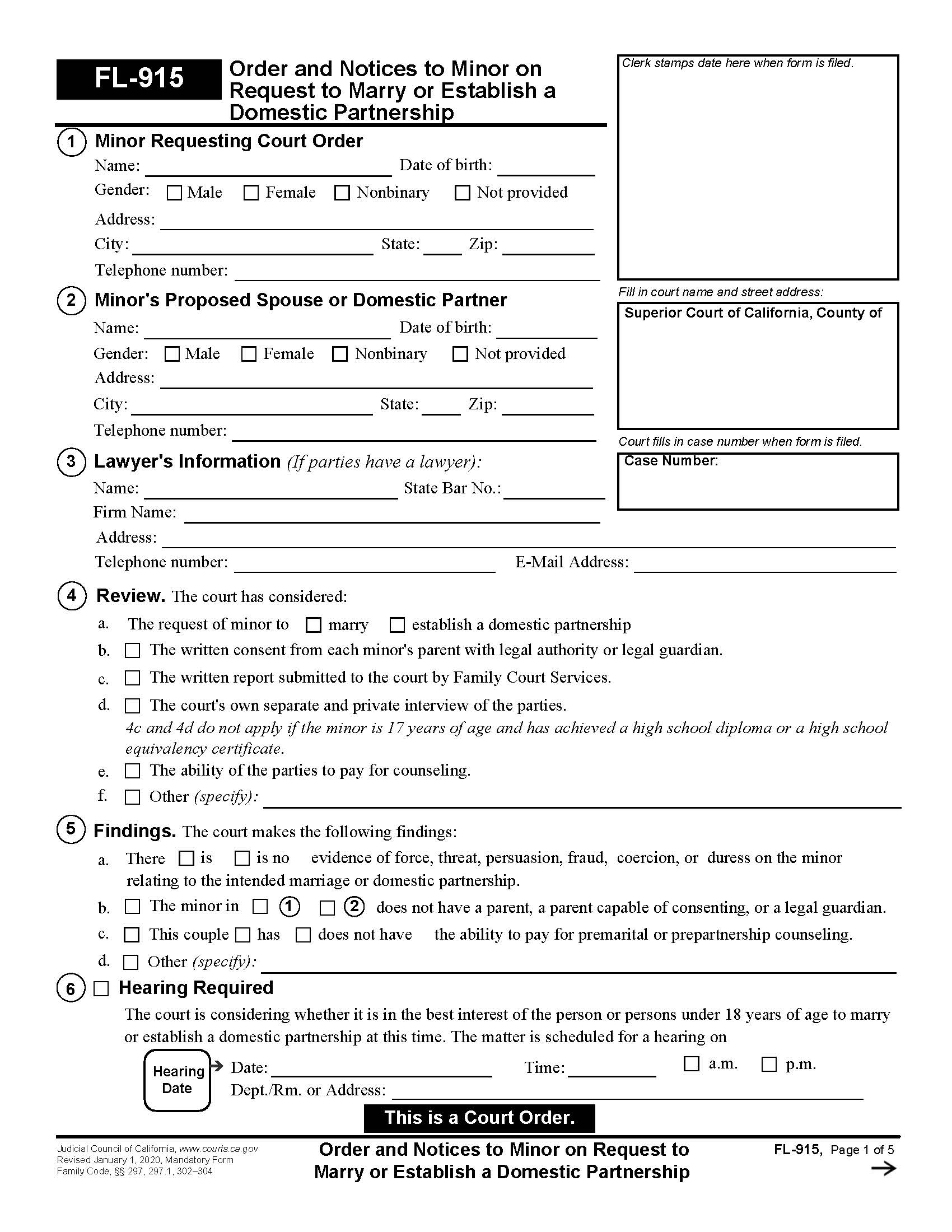 Order On Request Of Minor To Marry Or Establish A Domestic Partnership {FL-915} | Pdf Fpdf Doc Docx | California