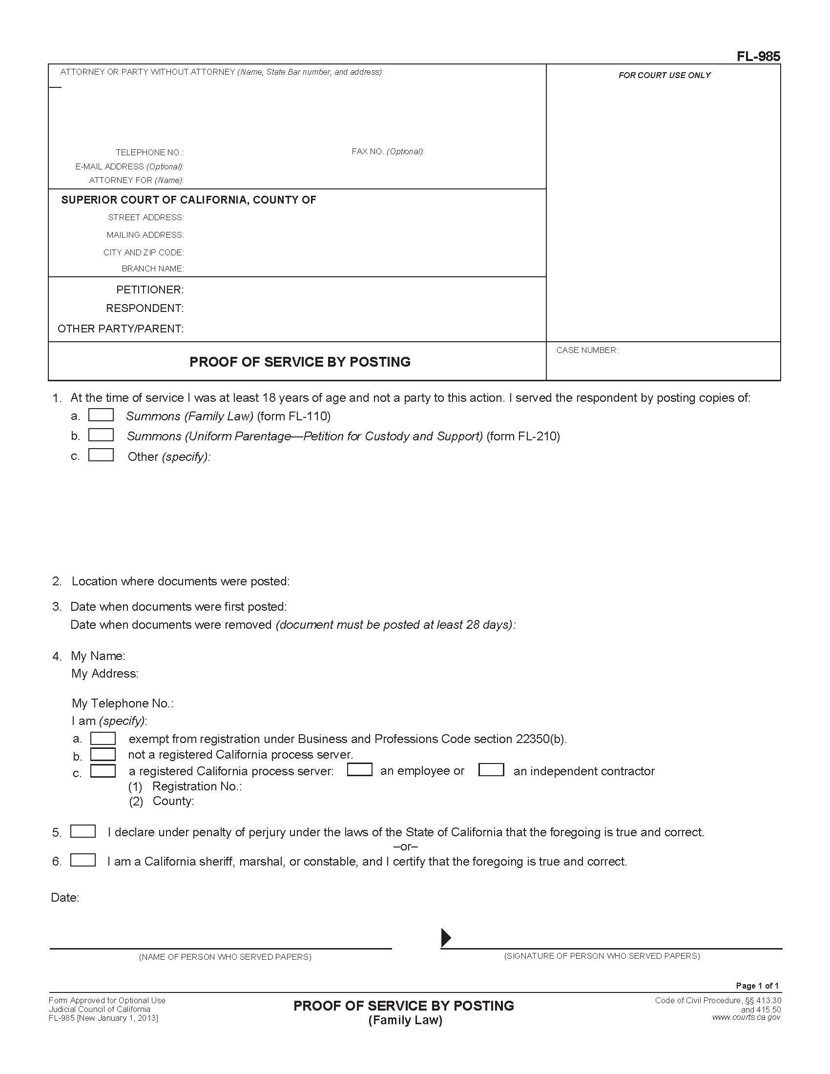 Proof Of Service By Posting {FL-985} | Pdf Fpdf Doc Docx | California