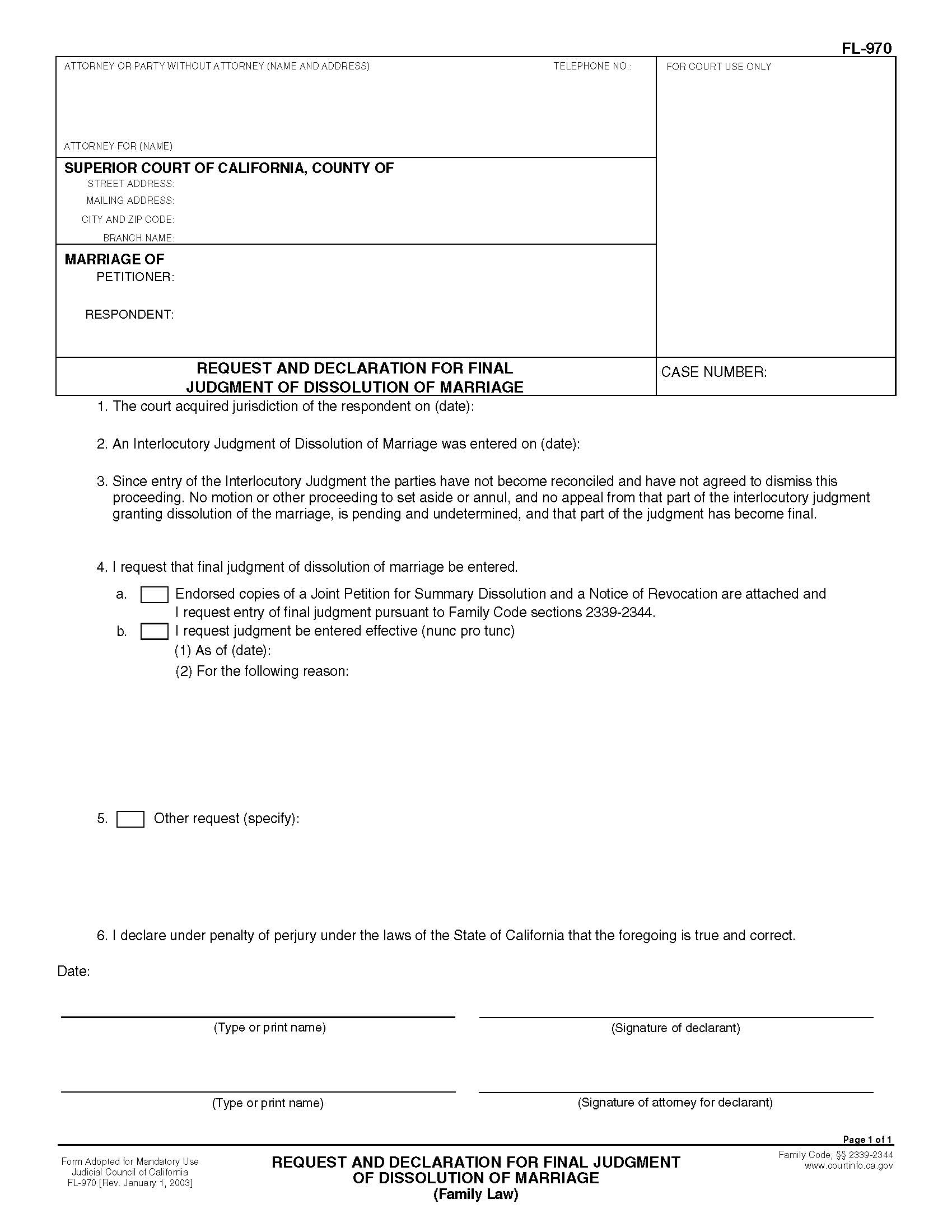 Request And Declaration For Final Judgment Of Dissolution Of Marriage (Family Law) {FL-970} | Pdf Fpdf Doc Docx | California
