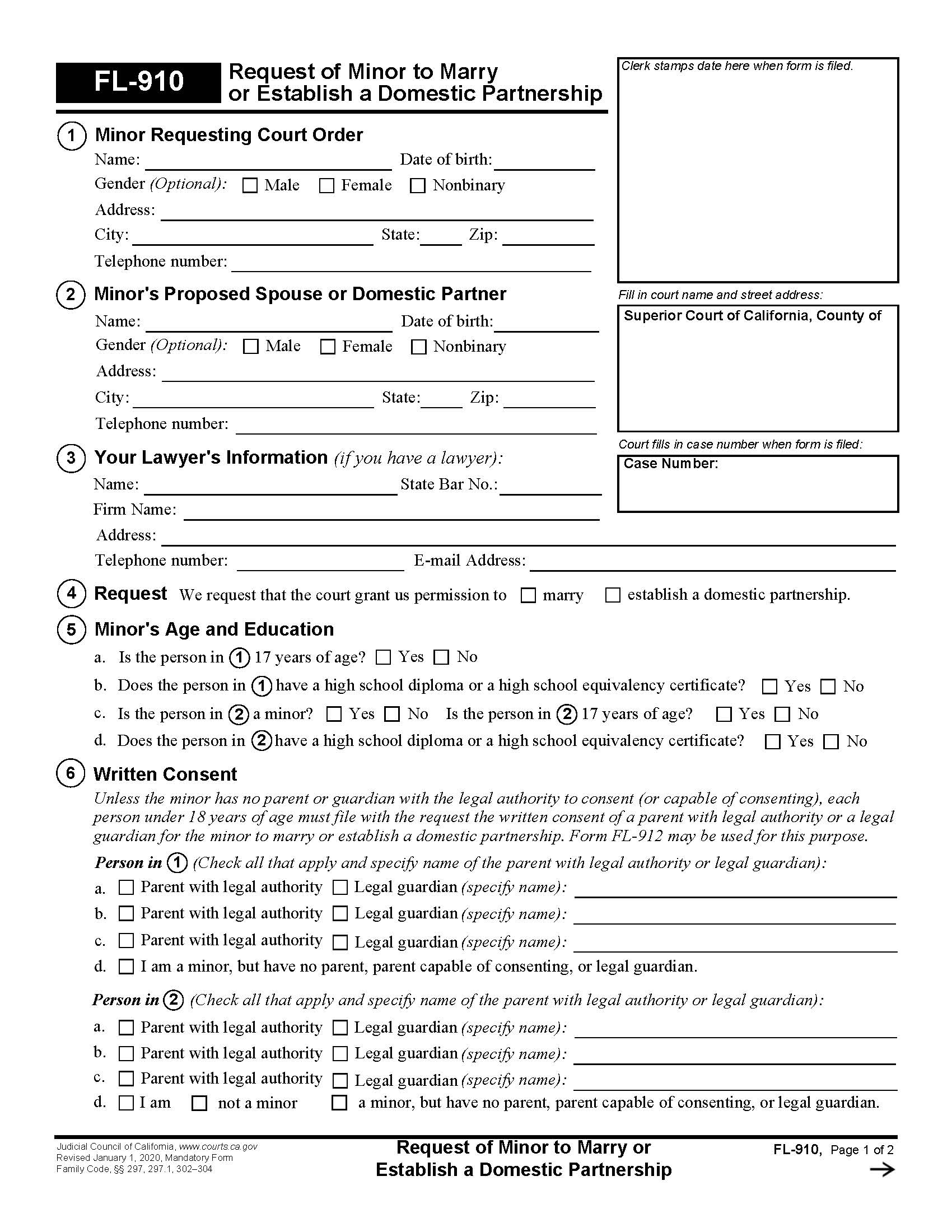 Request Of Minor To Marry Or Establish A Domestic Partnership {FL-910} | Pdf Fpdf Doc Docx | California