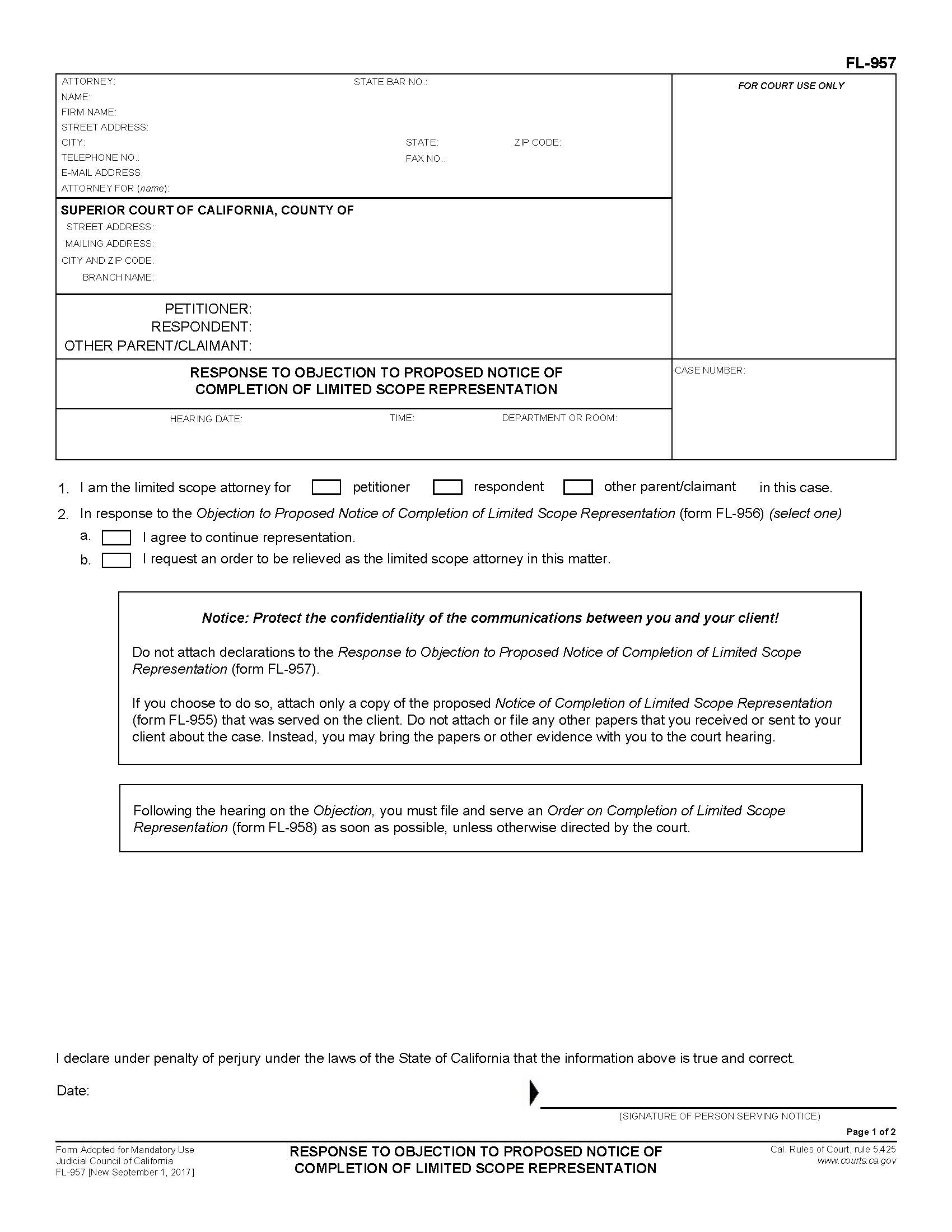 Response To Objection To Proposed Notice Of Completion Of Limited Scope Representation {FL-957} | Pdf Fpdf Doc Docx | California