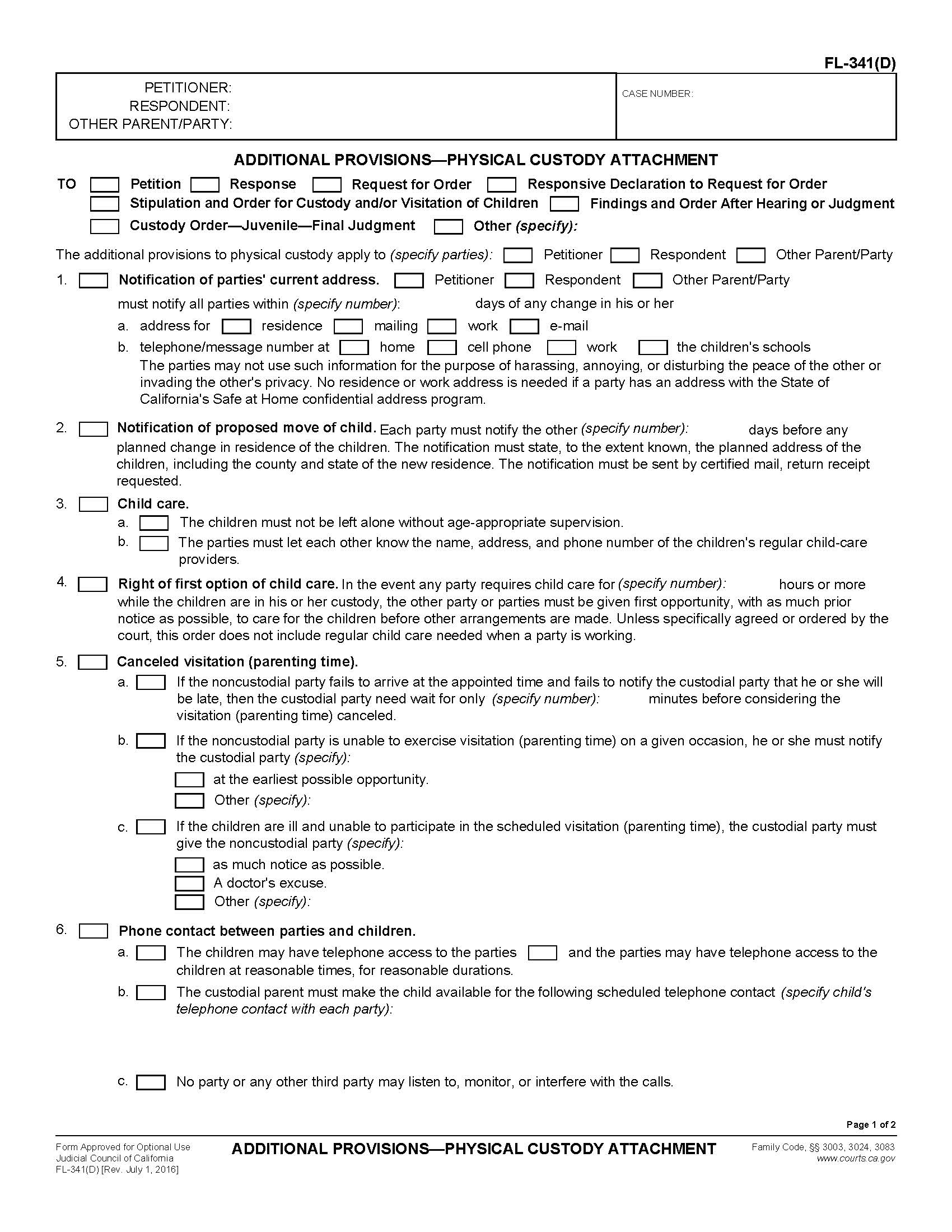 Additional Provisions Physical Custody Attachment {FL-341(D)} | Pdf Fpdf Doc Docx | California