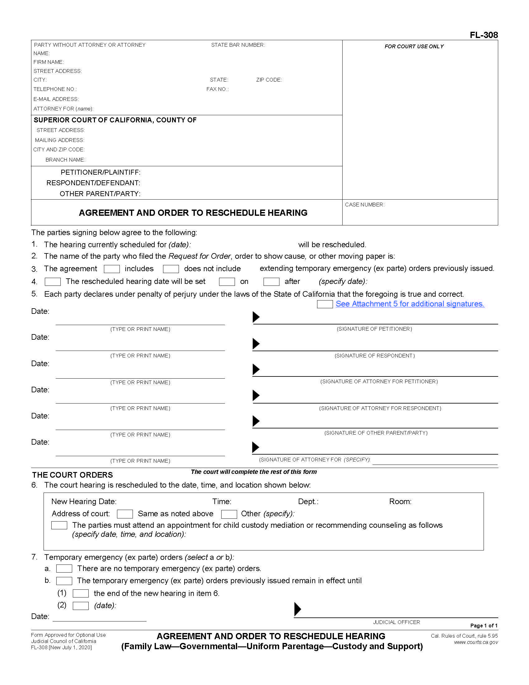 Agreement And Order To Reschedule Hearing (Family Law-Governmental) {FL-308} | Pdf Fpdf Docx | California