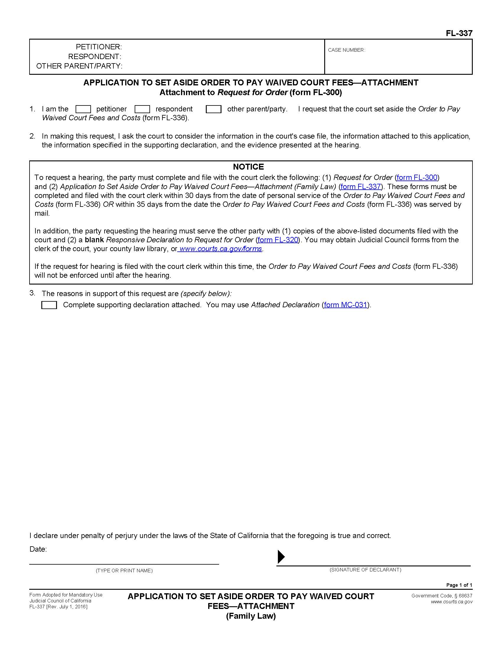 Application To Set Aside Order To Pay Waived Court Fees-Attachment {FL-337} | Pdf Fpdf Doc Docx | California