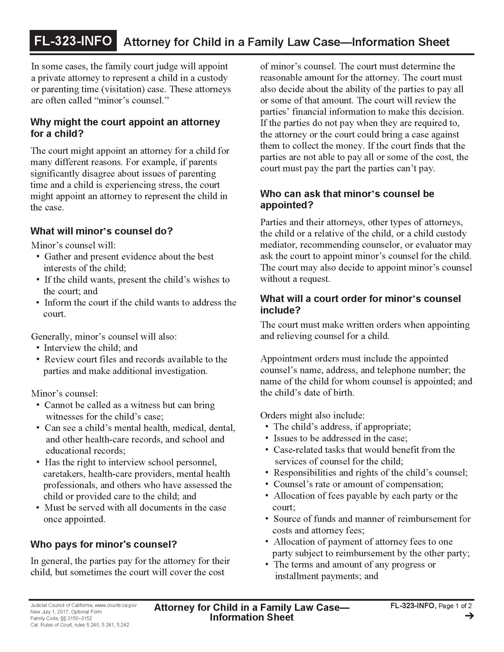 Attorney For Child In A Family Law Case-Information Sheet {FL-323-INFO} | Pdf Fpdf Doc Docx | California