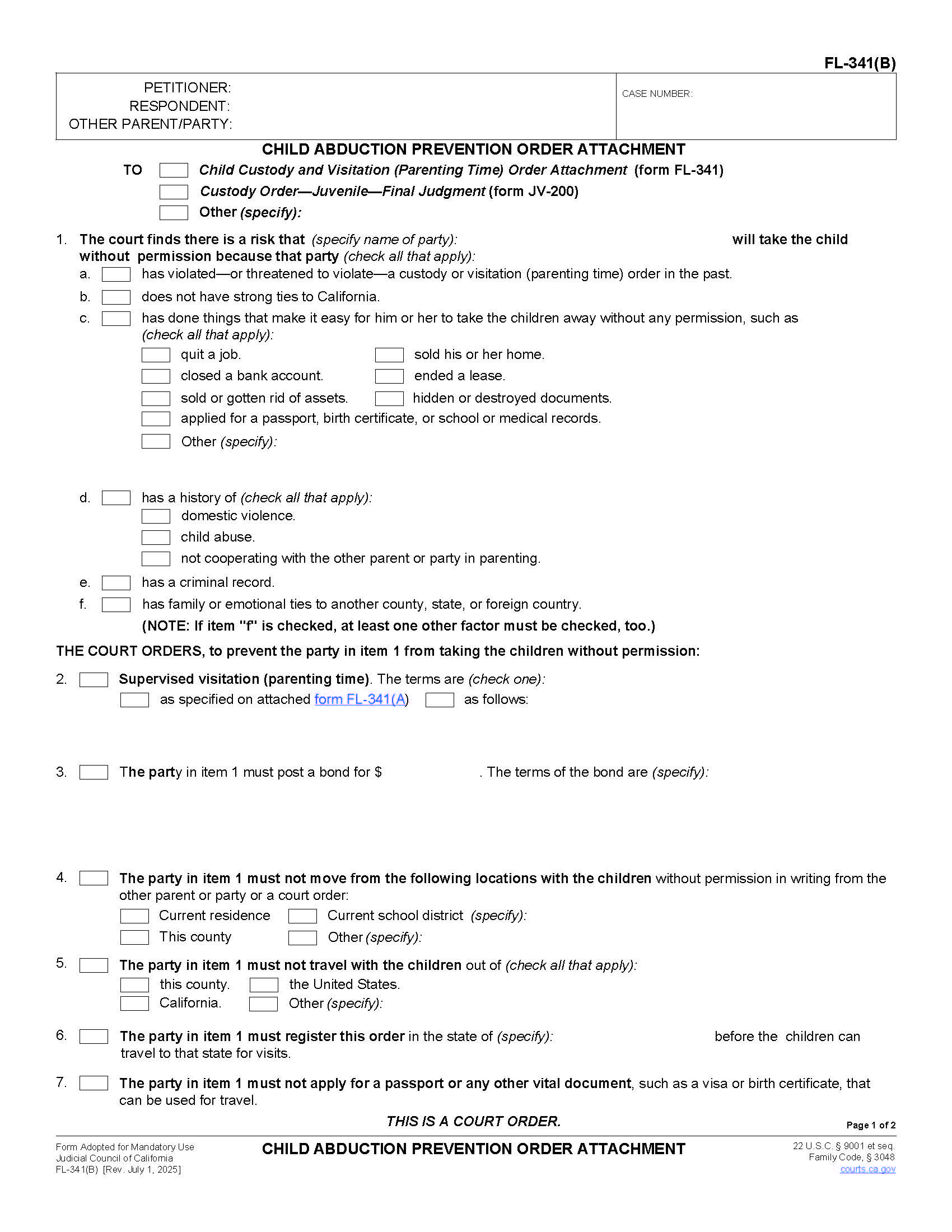 Child Abduction Prevention Order Attachment {FL-341(B)} | Pdf Fpdf Doc Docx | California