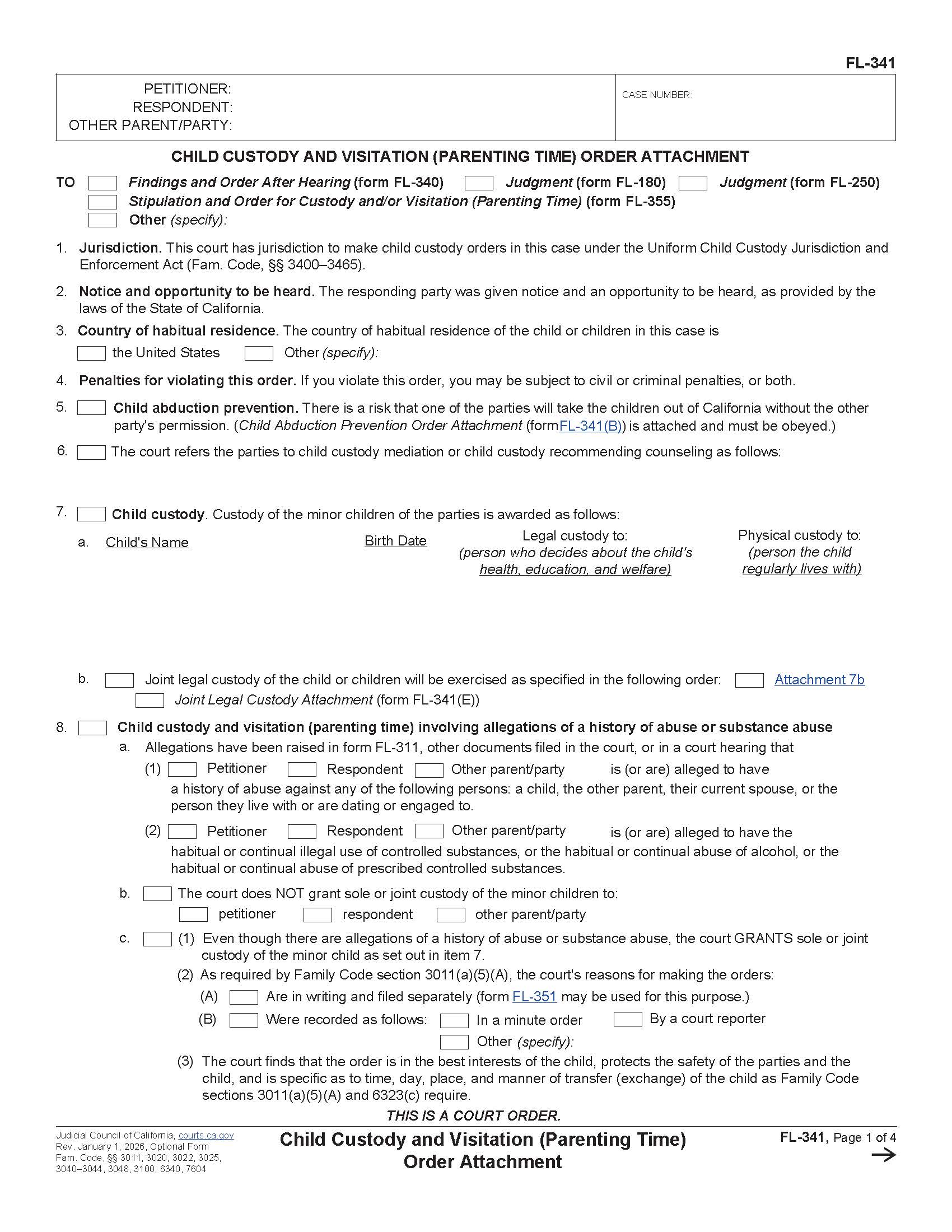 Child Custody And Visitation (Parenting Time) (Order Attachment) {FL-341} | Pdf Fpdf Docx | California