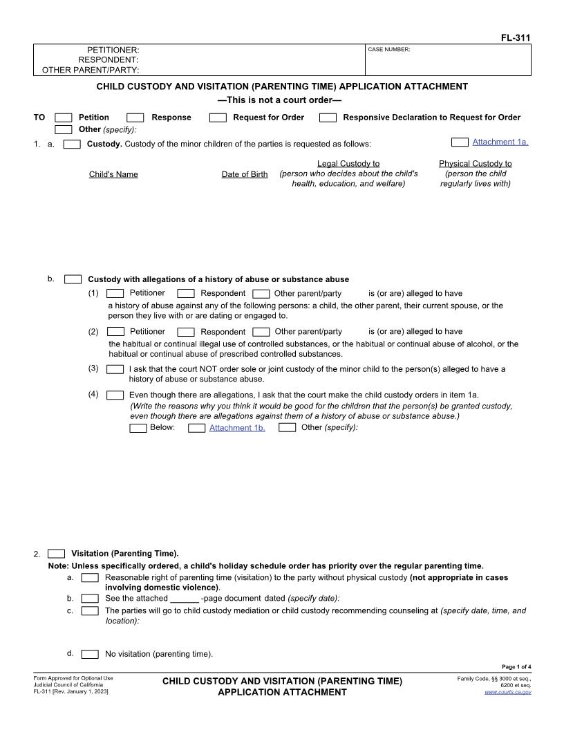 Child Custody And Visitation (Parenting Time) Application Attachment {FL-311} | Pdf Fpdf Docx | California
