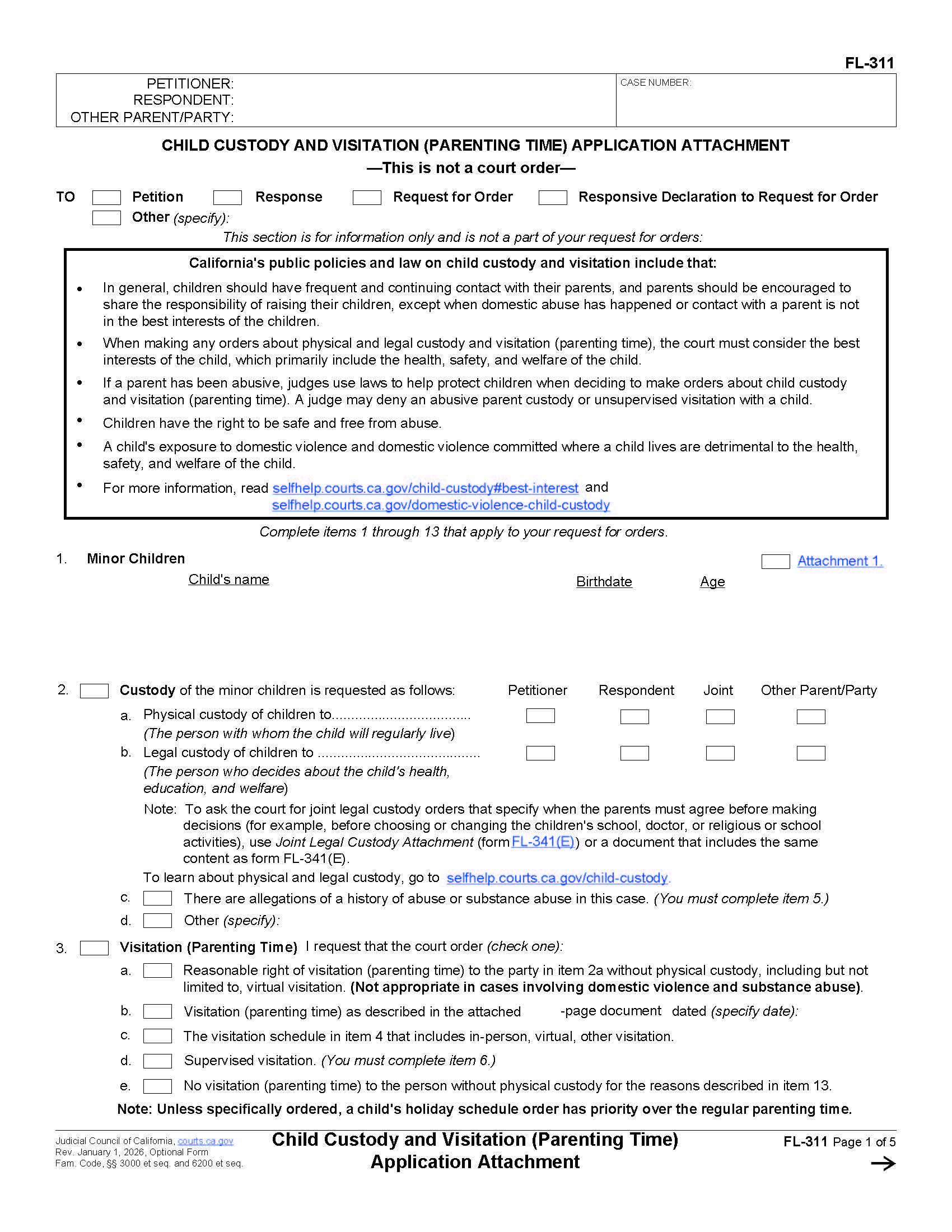 Child Custody And Visitation (Parenting Time) Application Attachment {FL-311} | Pdf Fpdf Docx | California