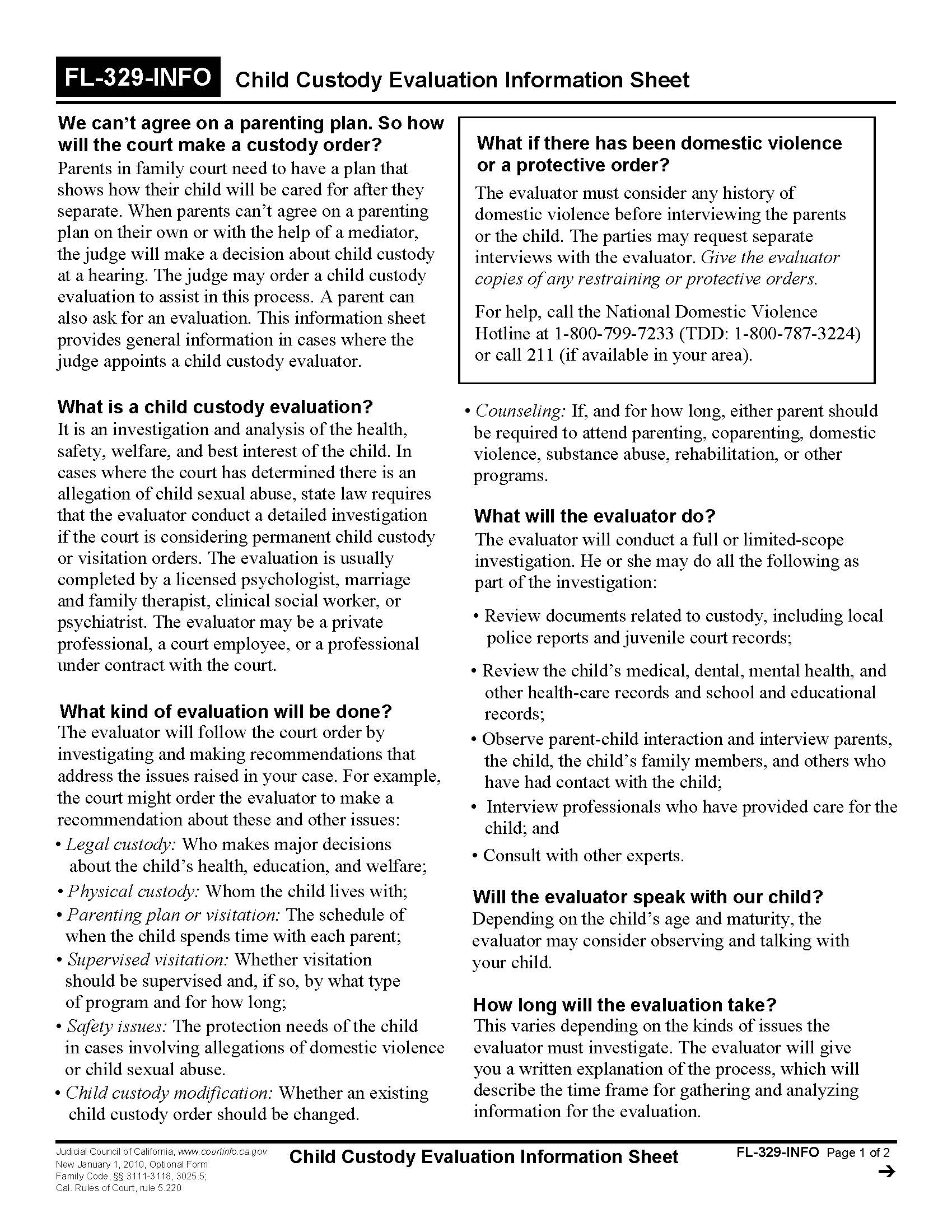 Child Custody Evaluation Information Sheet {FL-329-INFO} | Pdf Fpdf Doc Docx | California