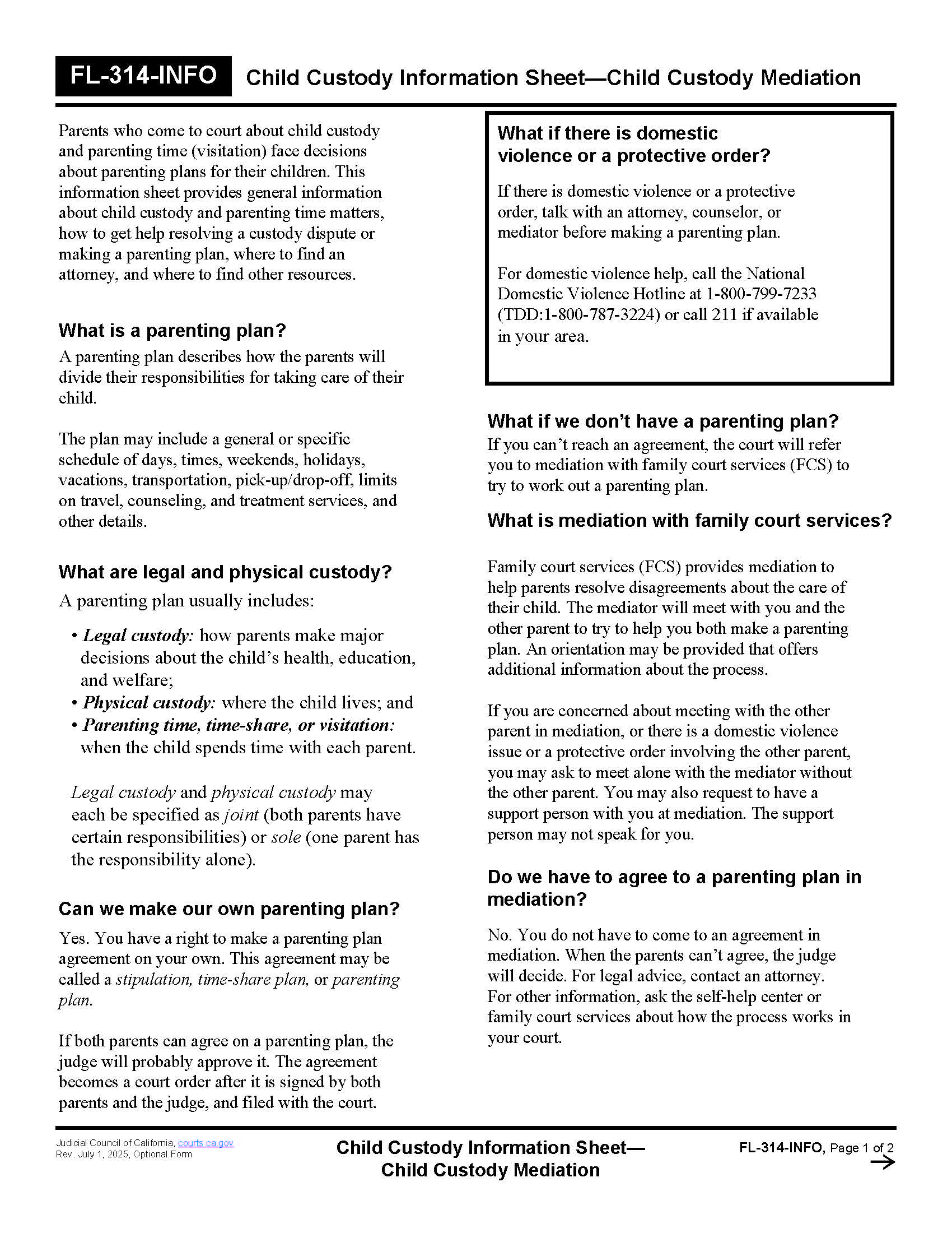 Child Custody Information Sheet-Child Custody Mediation {FL-314 INFO} | Pdf Fpdf Doc Docx | California