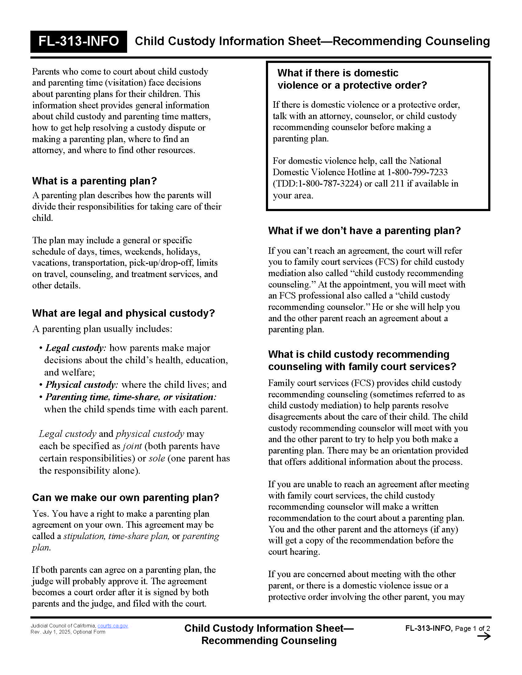 Child Custody Information Sheet-Recommending Counseling {FL-313-INFO} | Pdf Fpdf Doc Docx | California