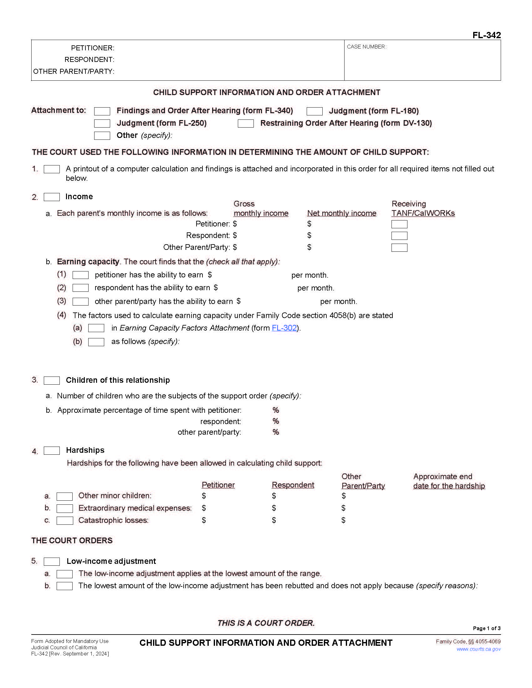 Child Support Information And Order Attachment {FL-342} | Pdf Fpdf Doc Docx | California