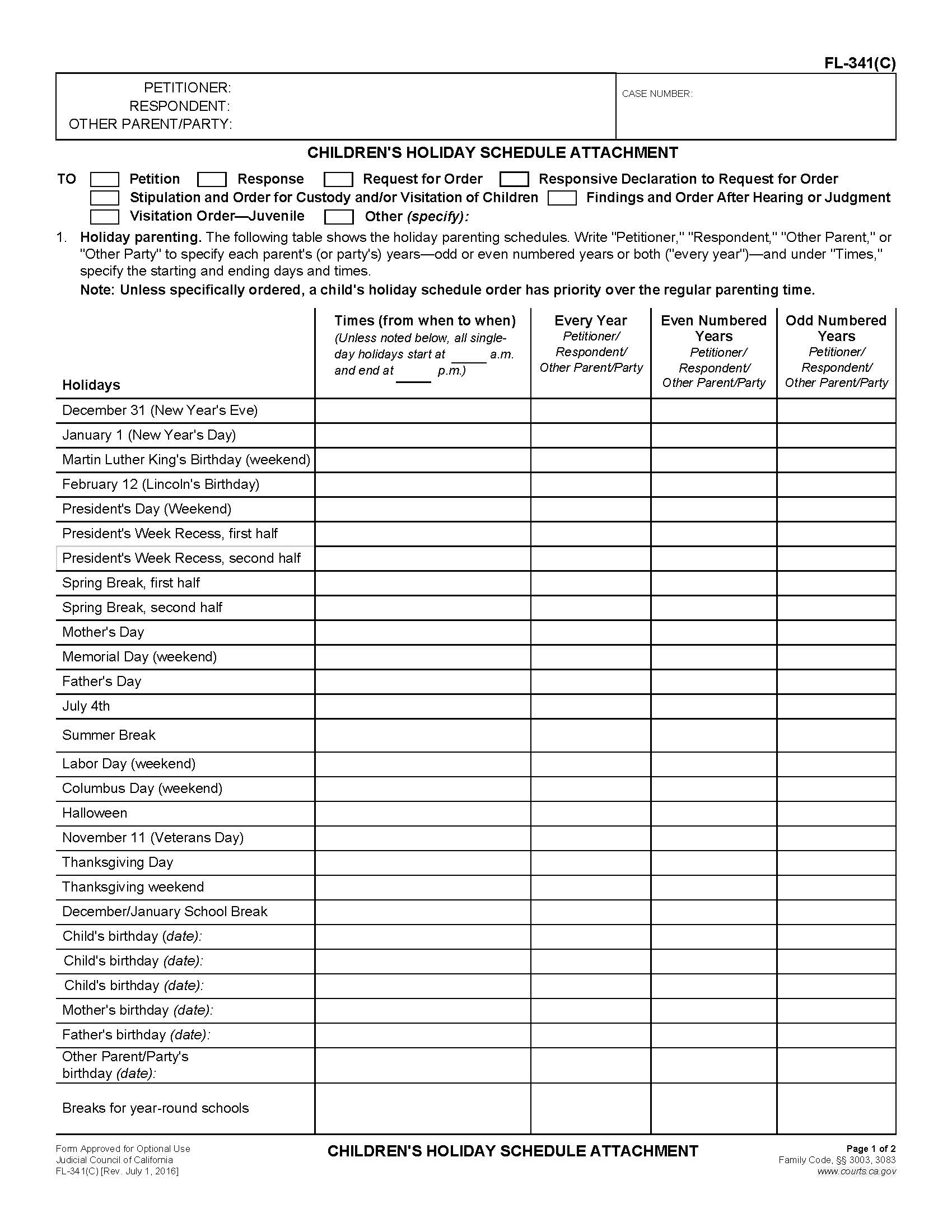 Childrens Holiday Schedule Attachment {FL-341(C)} | Pdf Fpdf Doc Docx | California