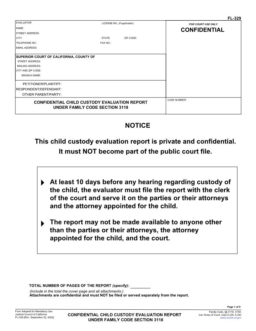 Confidential Child Custody Evaluation Report {FL-329} | Pdf Fpdf Docx | California