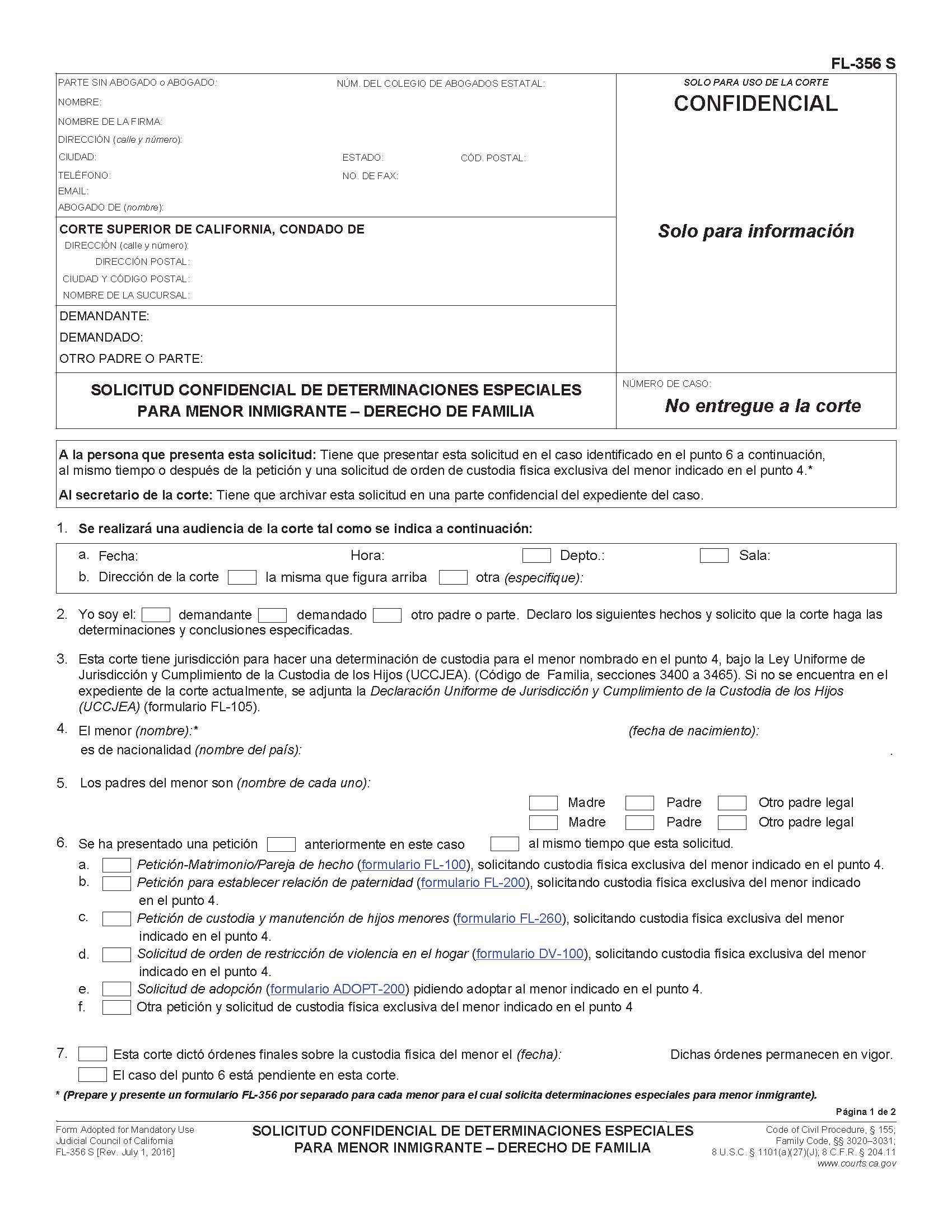 Confidential Request For Special Immigrant Juvenile Findings Family Law (Spanish) {FL-356 S} | Pdf Fpdf Docx | California