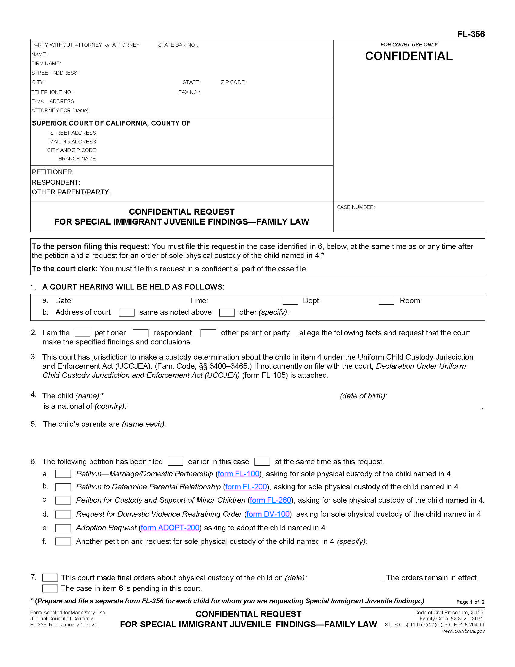Confidential Request For Special Immigrant Juvenille Findings-Family Law {FL-356} | Pdf Fpdf Doc Docx | California