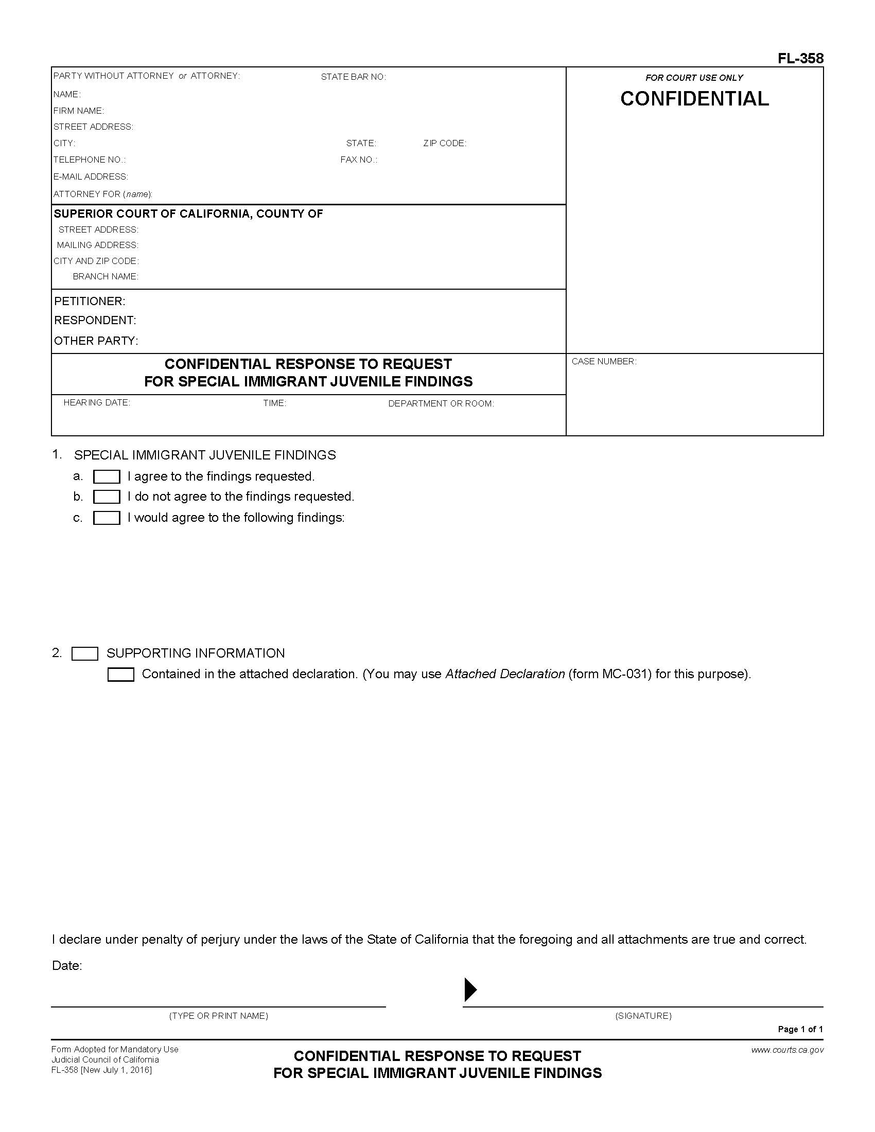 Confidential Response To Request For Special Immigrant Juvenile Findings {FL-358} | Pdf Fpdf Doc Docx | California