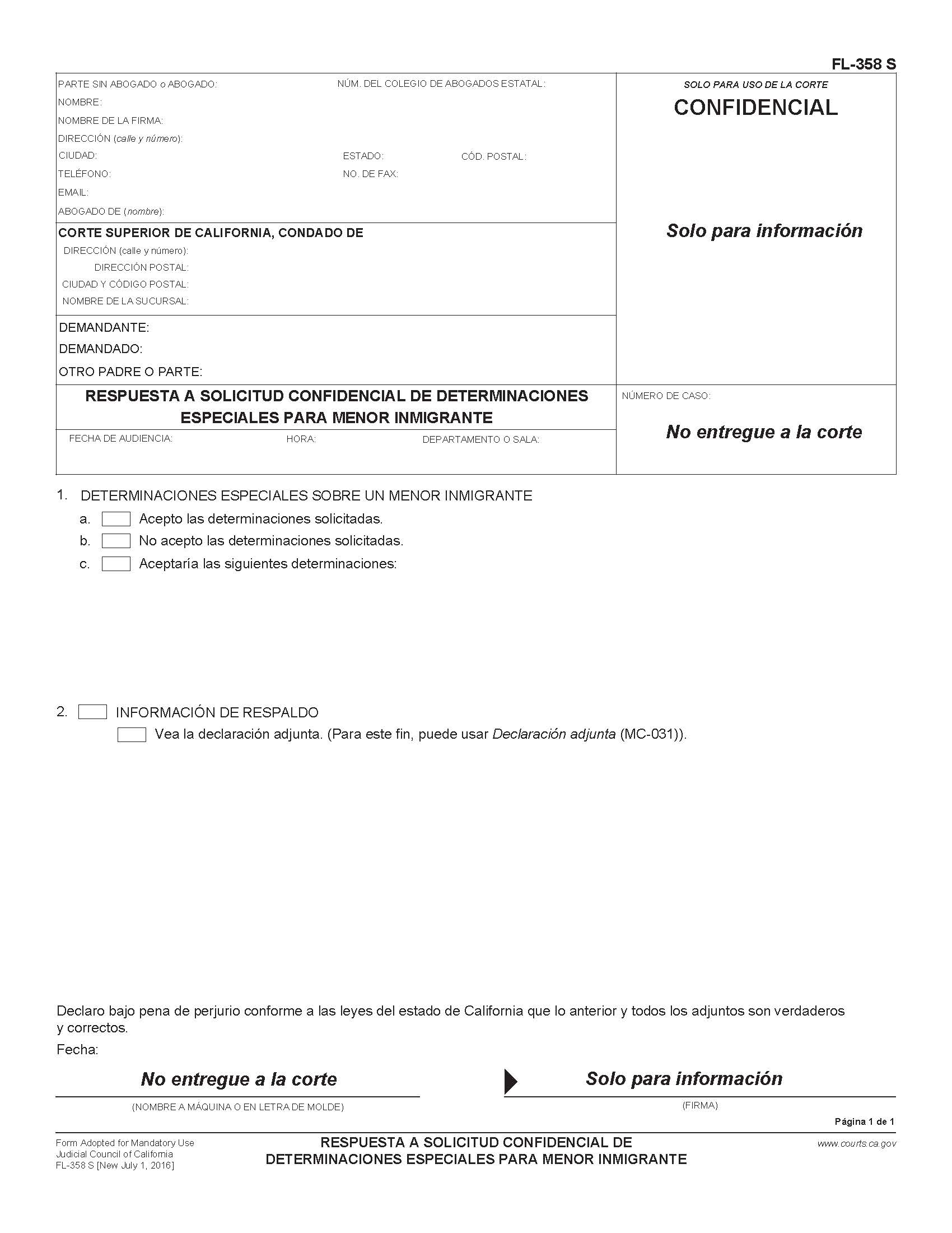 Confidential Response To Request For Special Immigrant Juvenile Findings (Spanish) {FL-358 S} | Pdf Fpdf Docx | California