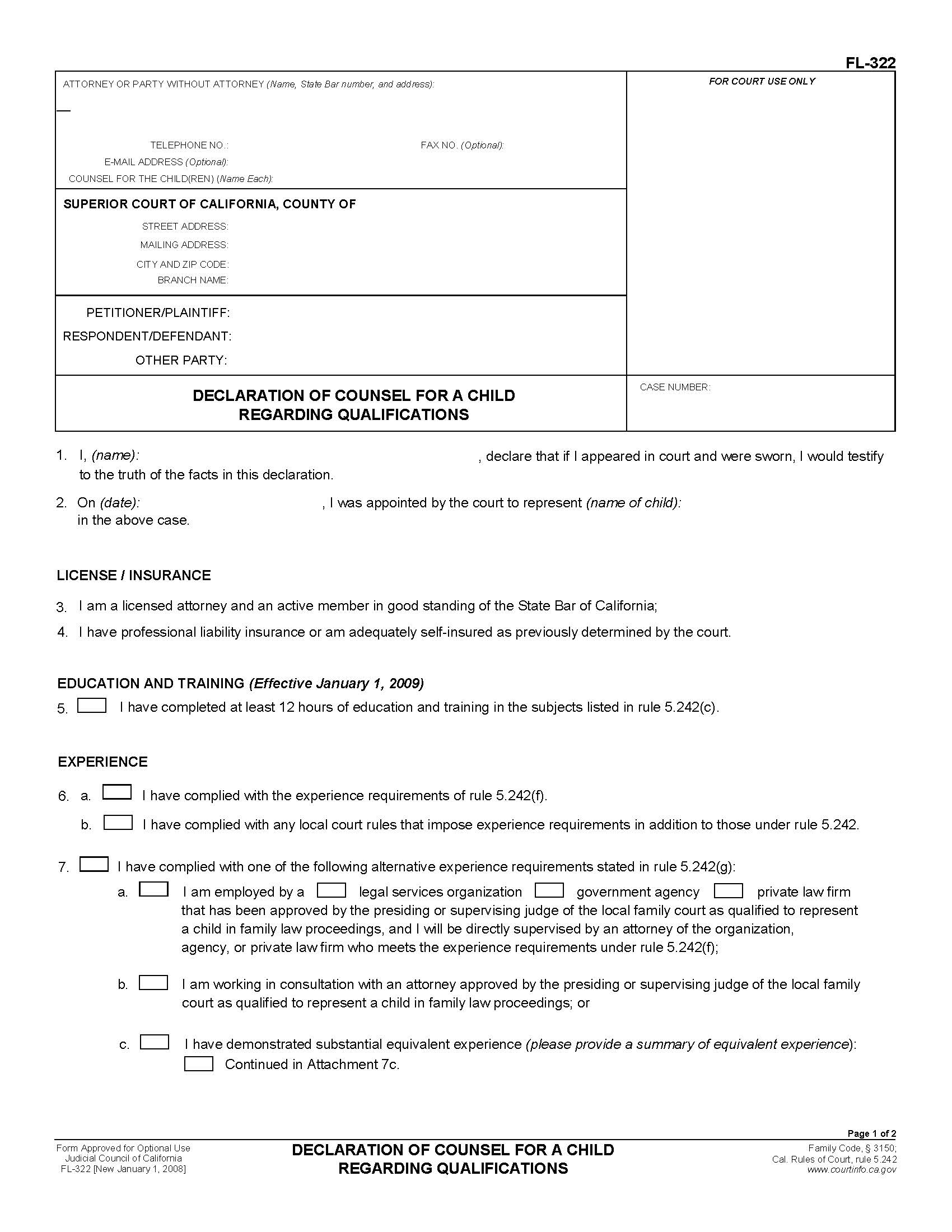 Declaration Of Counsel For A Child Regarding Qualifications {FL-322} | Pdf Fpdf Doc Docx | California