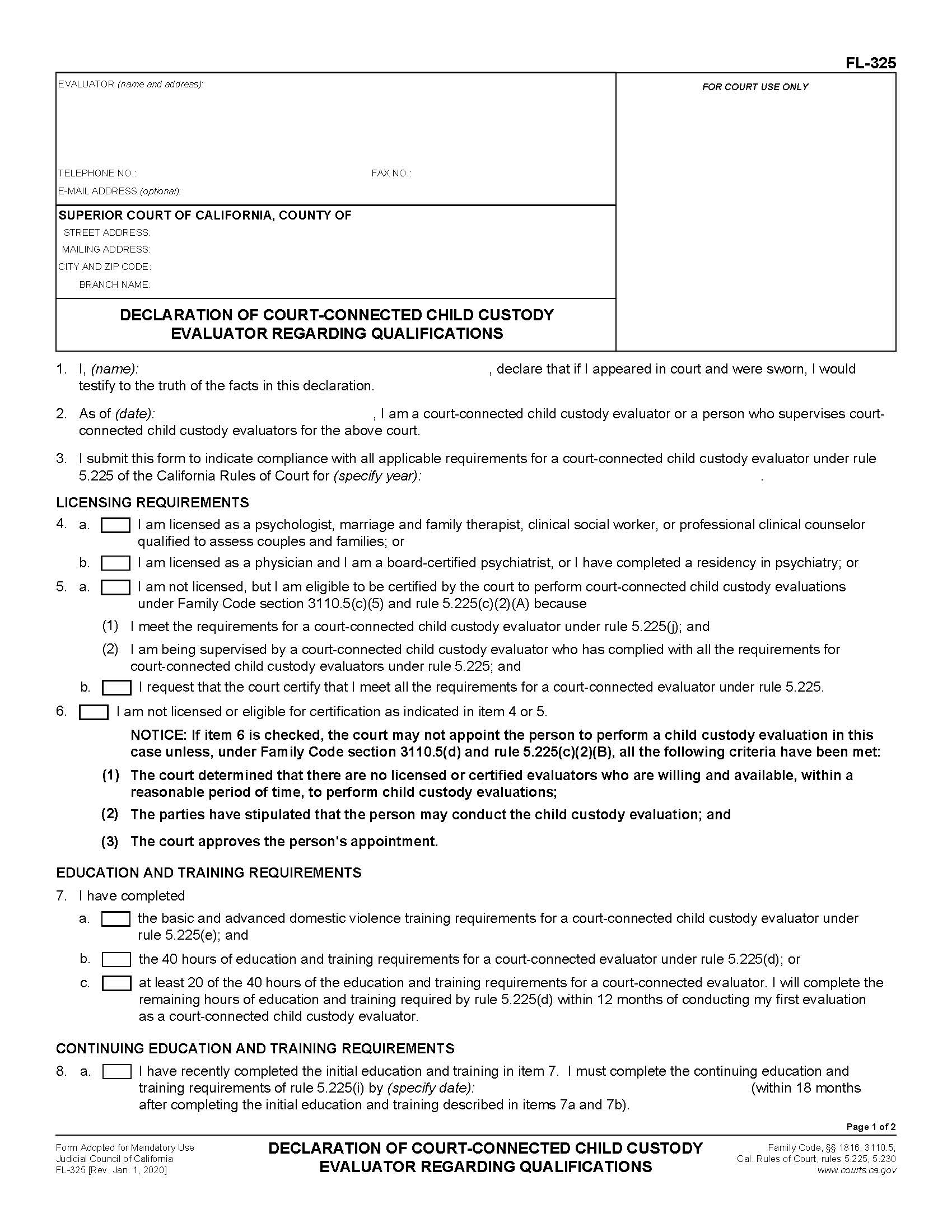 Declaration Of Court-Connected Child Custody Evaluator Regarding Qualifications {FL-325} | Pdf Fpdf Doc Docx | California