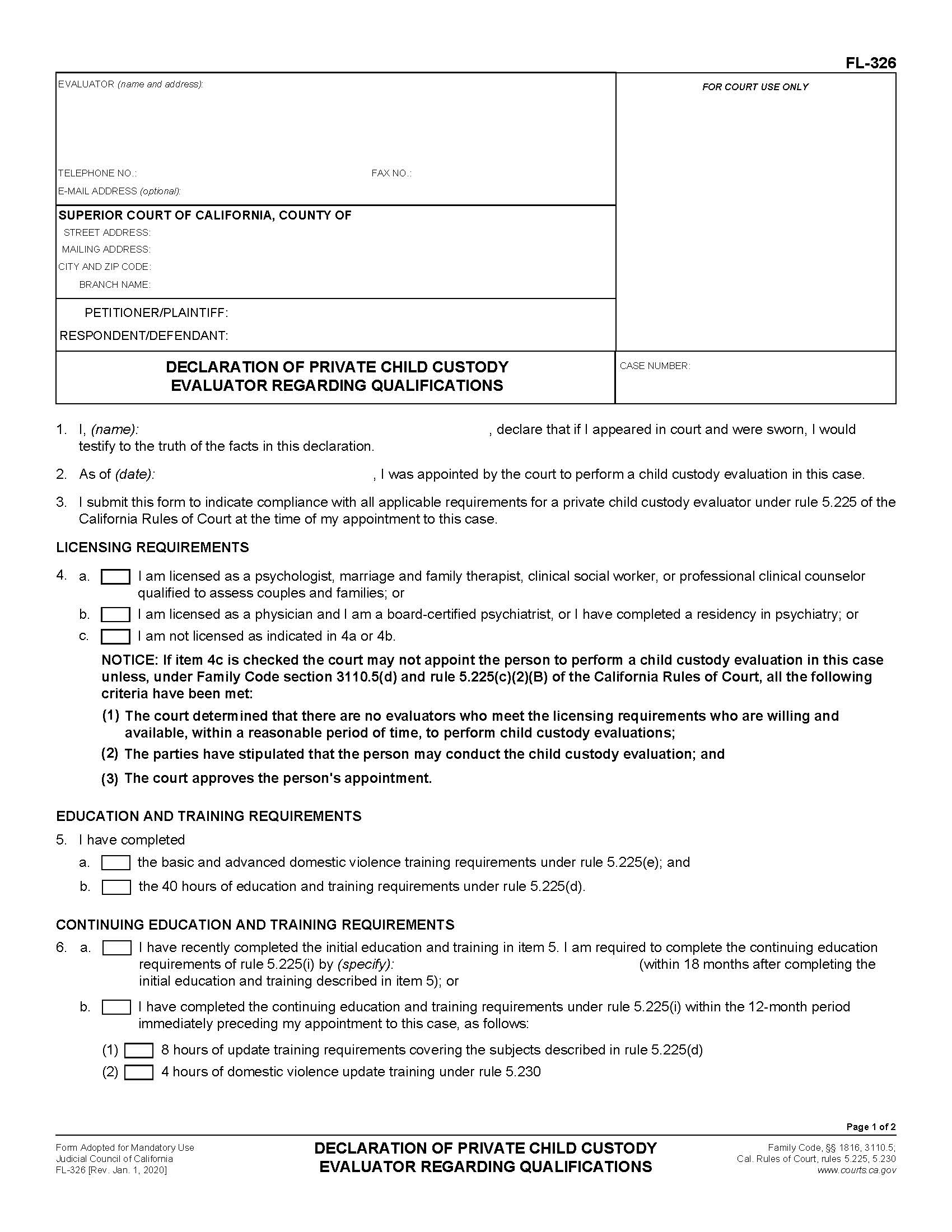 Declaration Of Private Child Custody Evaluator Regarding Qualifications {FL-326} | Pdf Fpdf Doc Docx | California