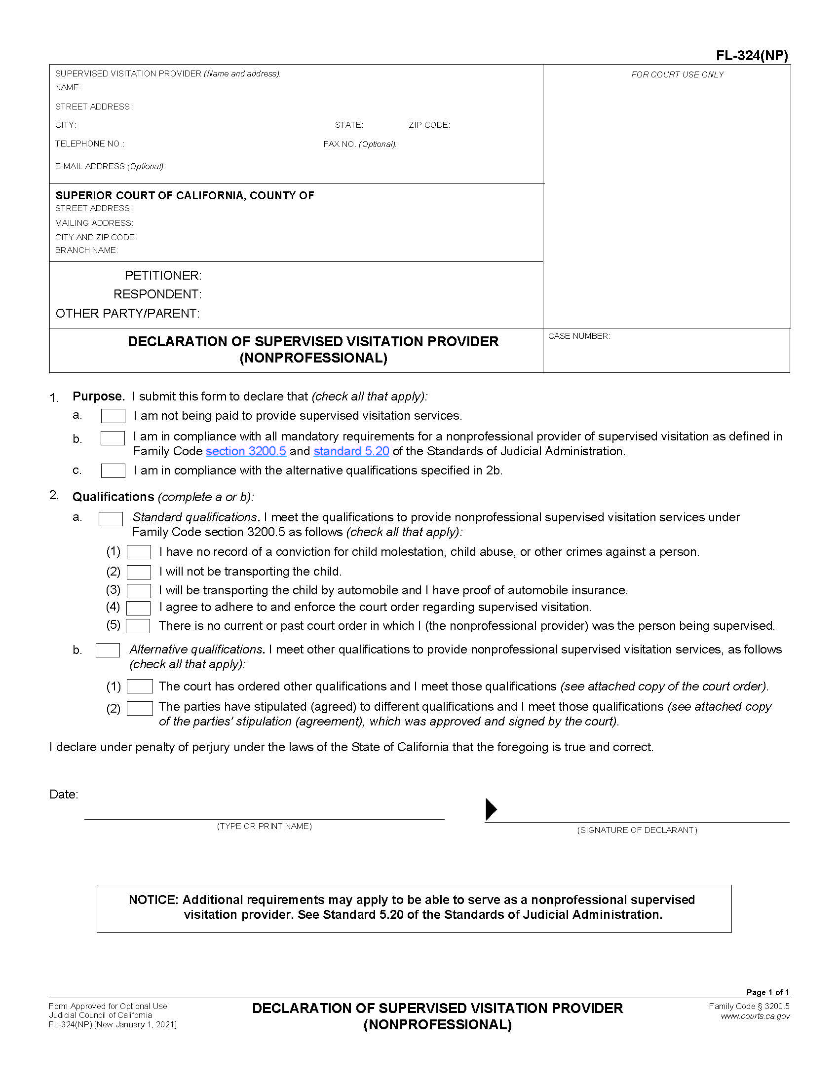 Declaration Of Supervised Visitation Provider {FL-324(NP)} | Pdf Fpdf Docx | California