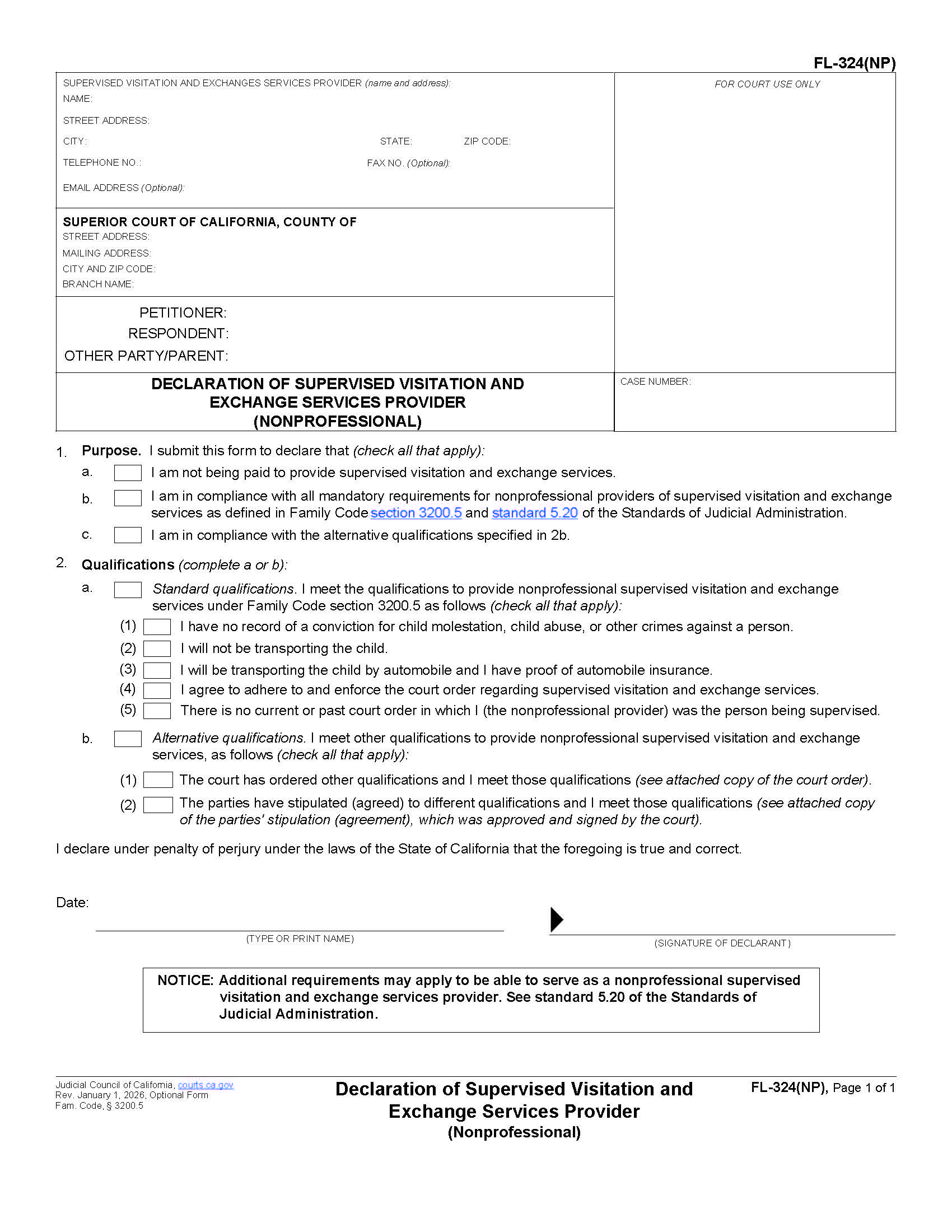 Declaration Of Supervised Visitation Provider {FL-324(NP)} | Pdf Fpdf Docx | California