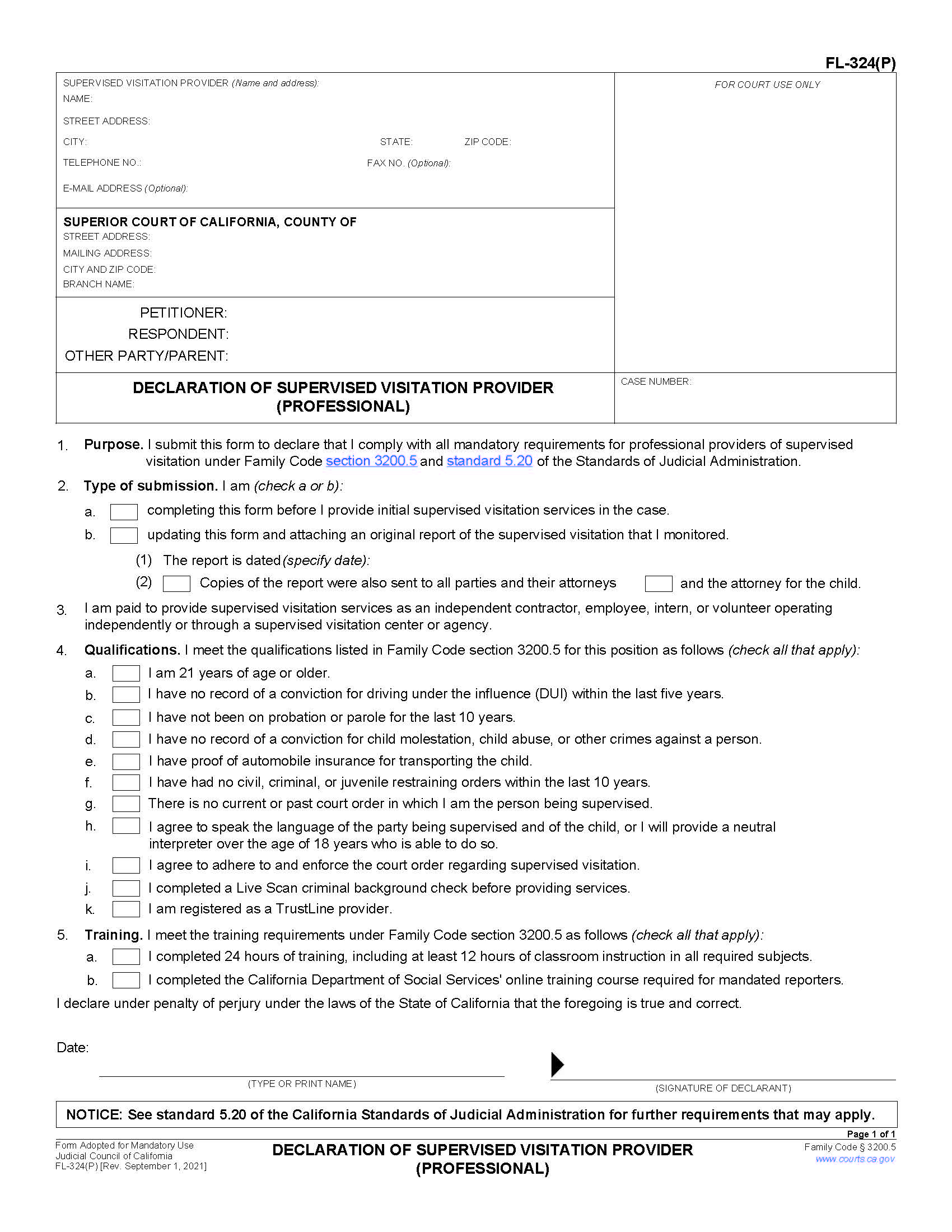 Declaration Of Supervised Visitation Provider (Professional) {FL-324(P)} | Pdf Fpdf Doc Docx | California