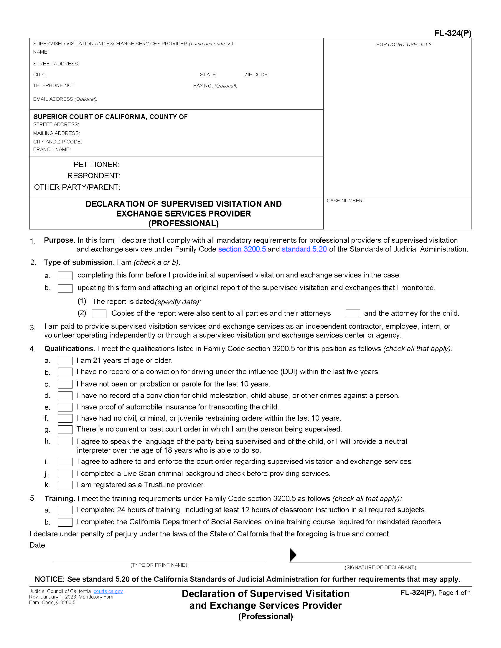 Declaration Of Supervised Visitation Provider (Professional) {FL-324(P)} | Pdf Fpdf Doc Docx | California