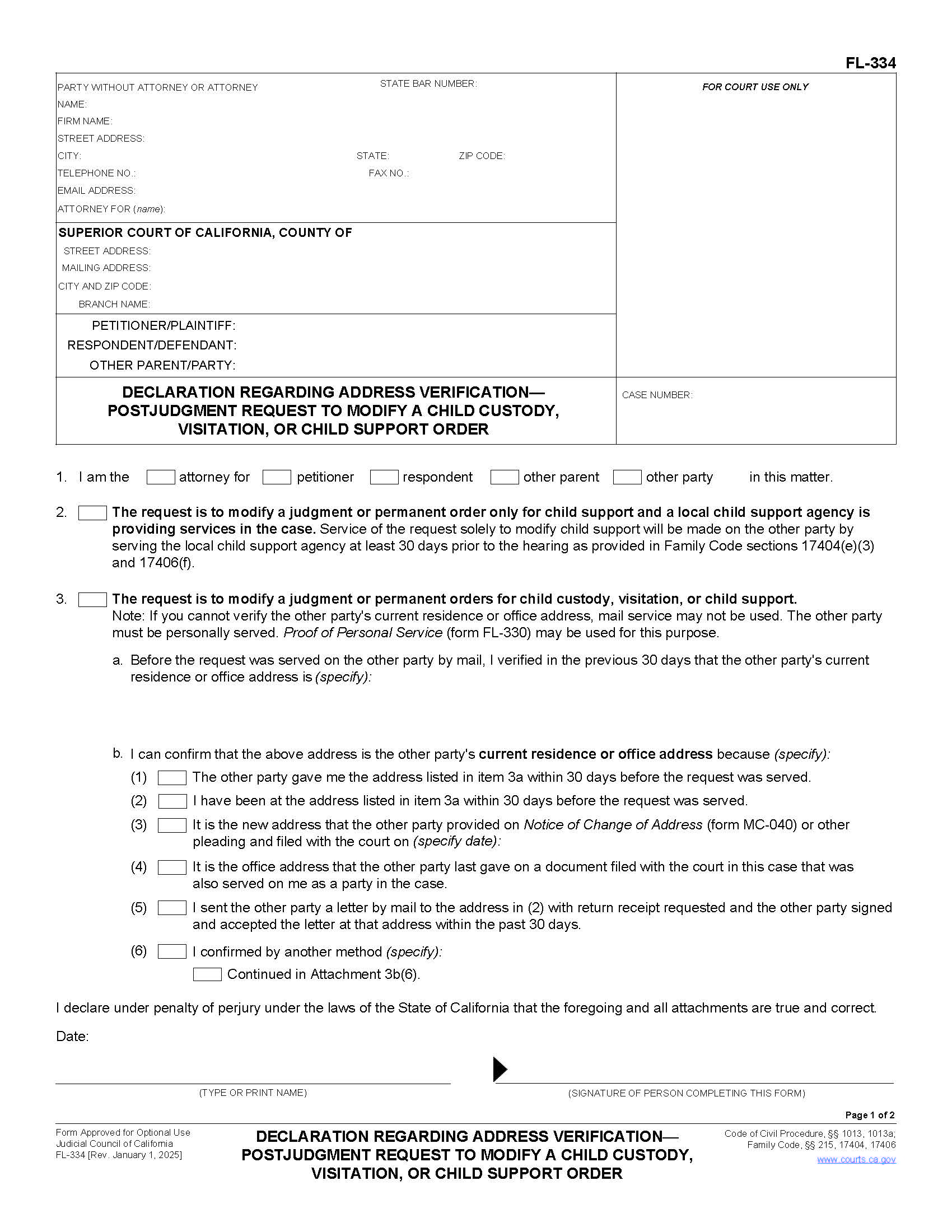 Declaration Regarding Address Verification-Postjudgment Request To Modify {FL-334} | Pdf Fpdf Doc Docx | California