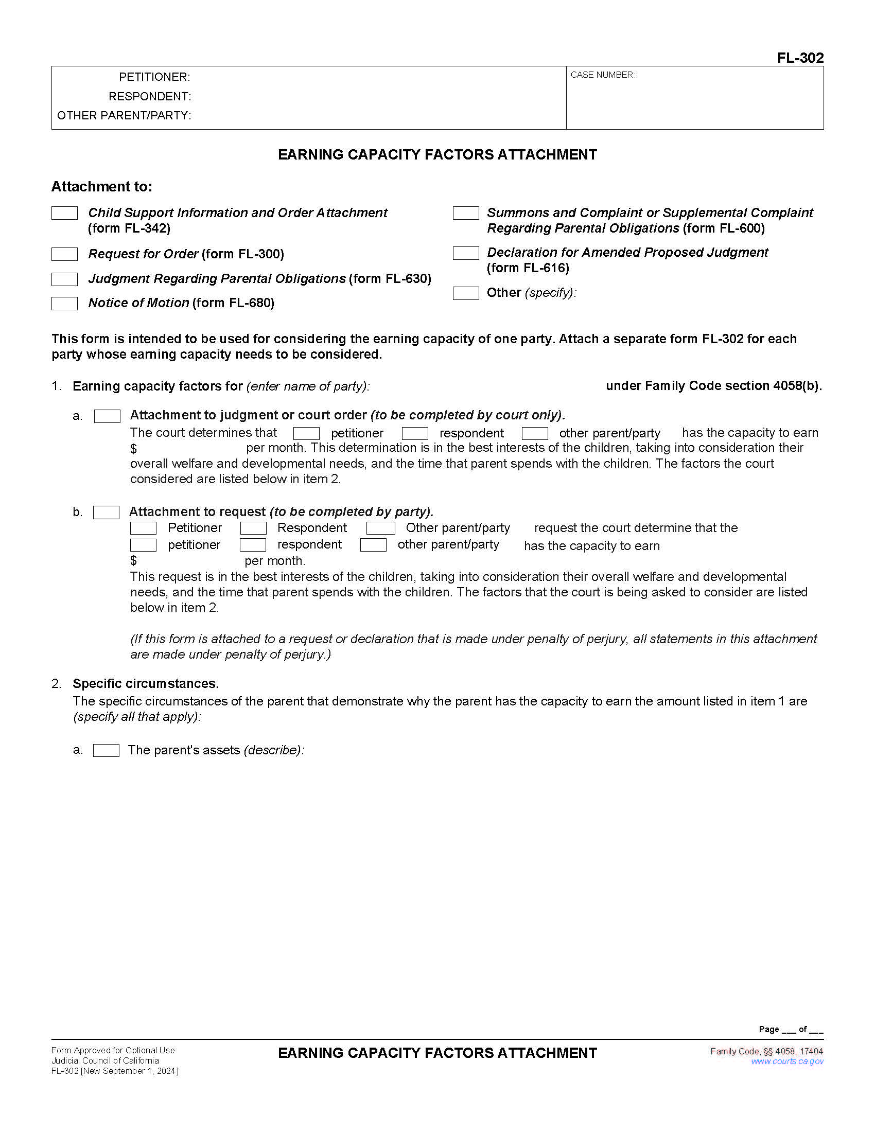 Earning Capacity Factors Attachment {FL-302} | Pdf Fpdf Docx | California