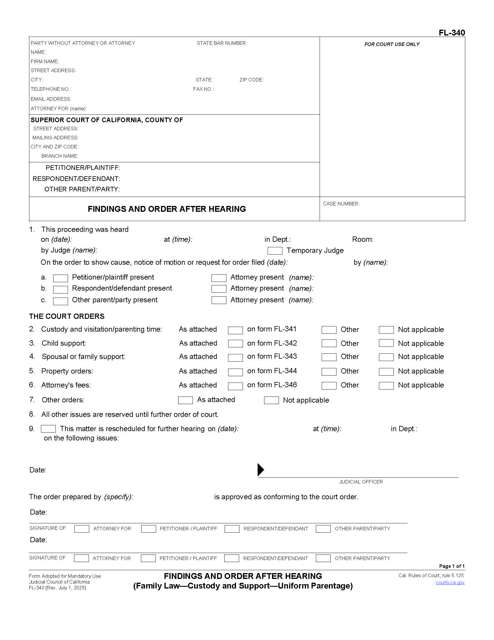 Findings And Order After Hearing {FL-340} | Pdf Fpdf Doc Docx | California