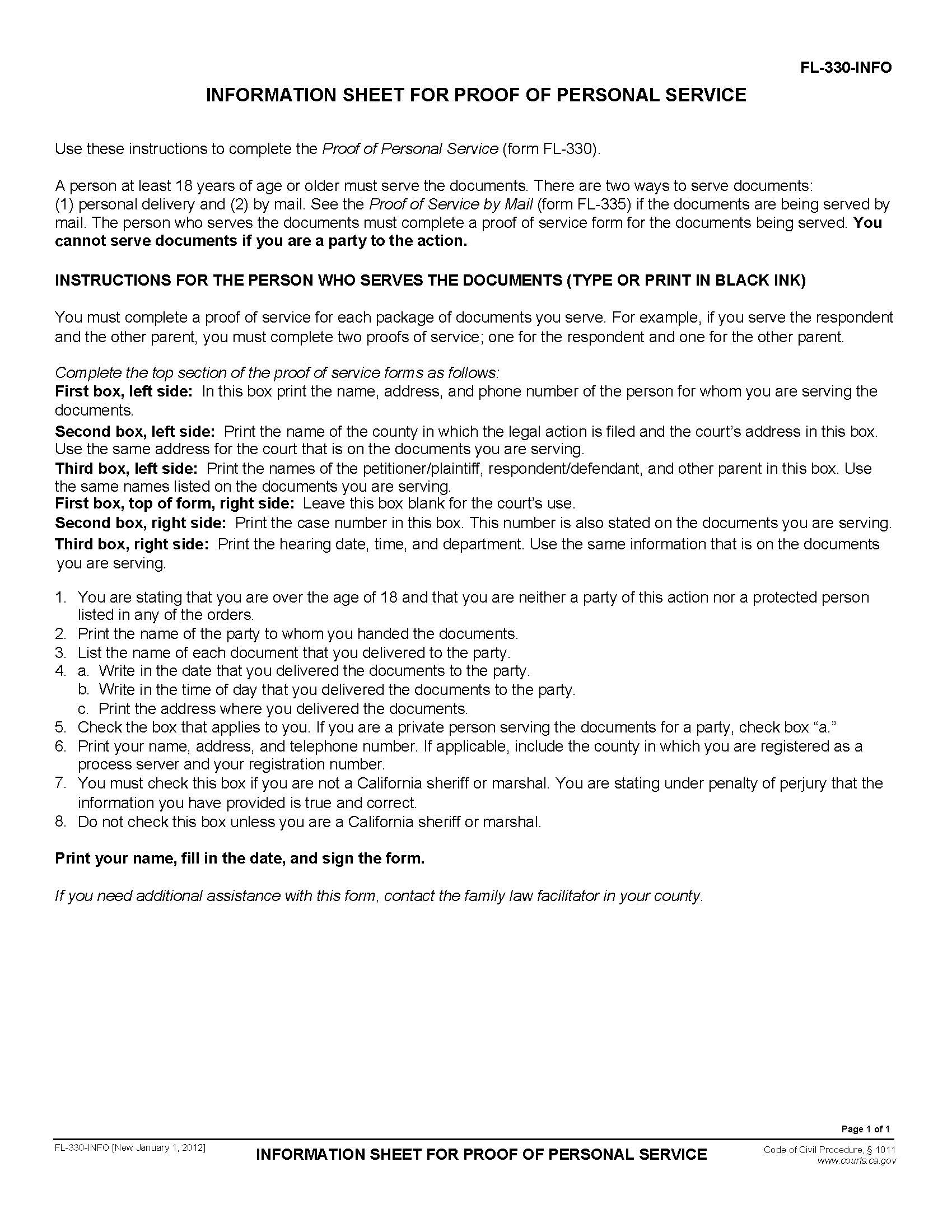 Information Sheet For Proof Of Personal Service {FL-330-INFO} | Pdf Fpdf Doc Docx | California