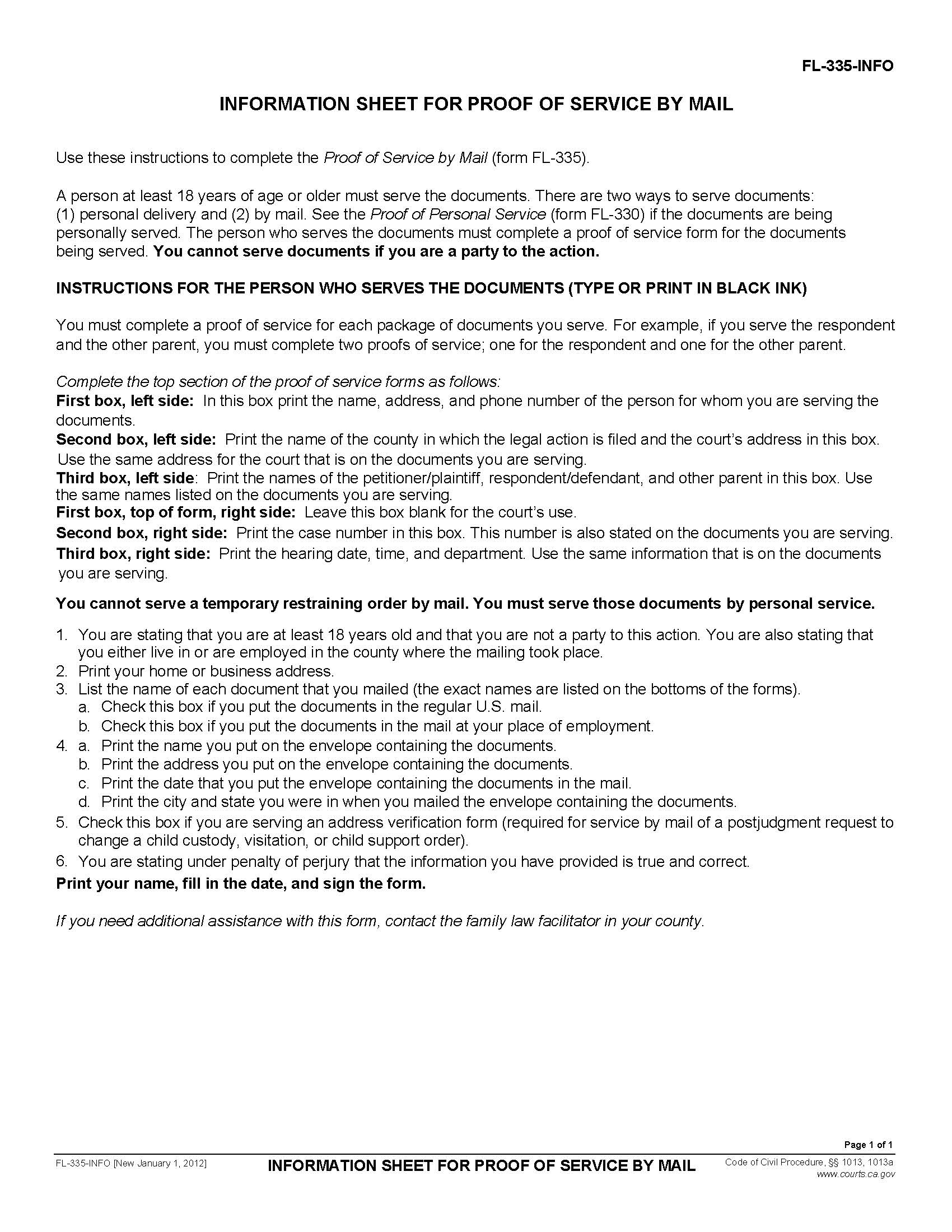 Information Sheet For Proof Of Service By Mail {FL-335-INFO} | Pdf Fpdf Doc Docx | California