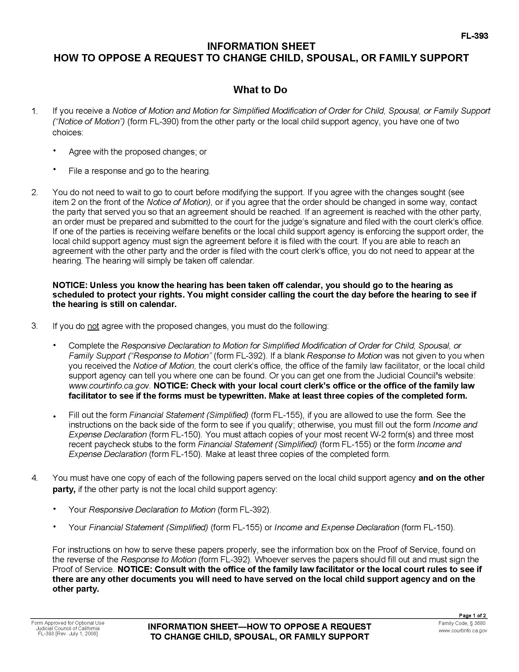 Information Sheet How To Oppose A Request To Change Child Spousal Or Family Support {FL-393} | Pdf Doc Docx | California