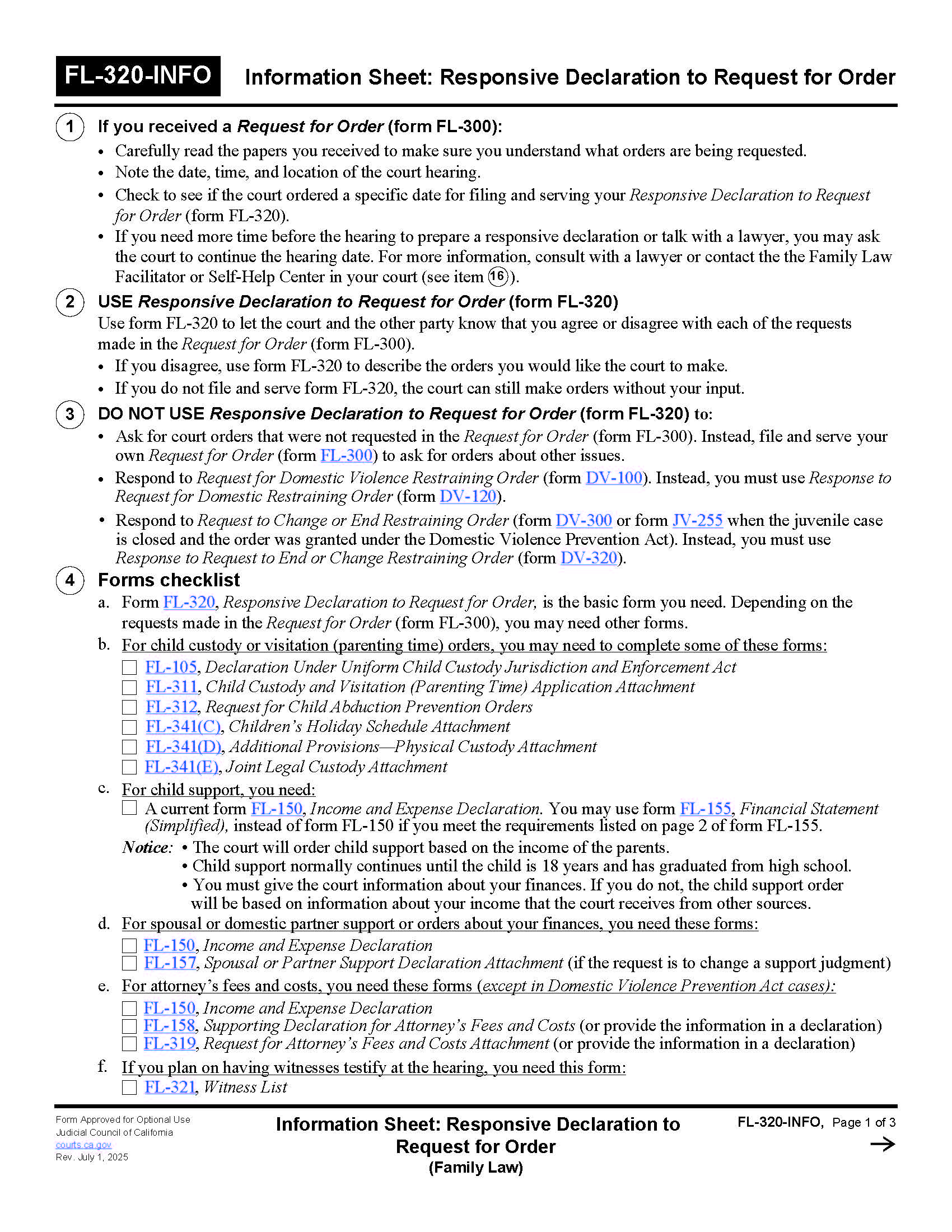 Information Sheet Responsive Declaration To Request For Order {FL-320-INFO} | Pdf Fpdf Doc Docx | California