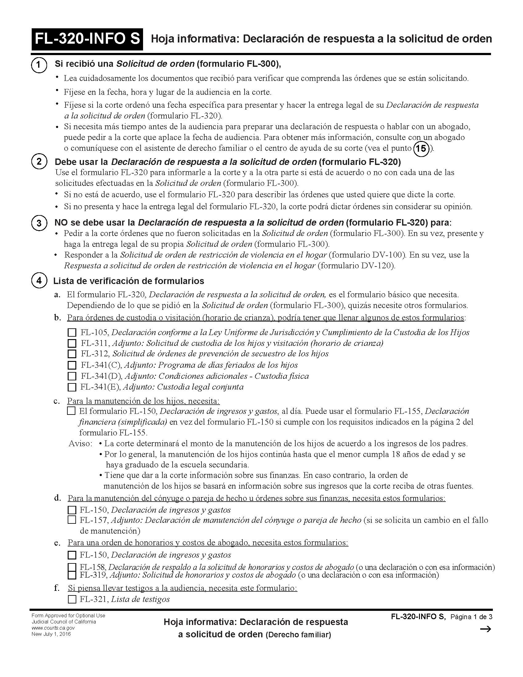 Information Sheet Responsive Declaration To Request For Order (Spanish) {FL-320-INFO S} | Pdf Fpdf Docx | California