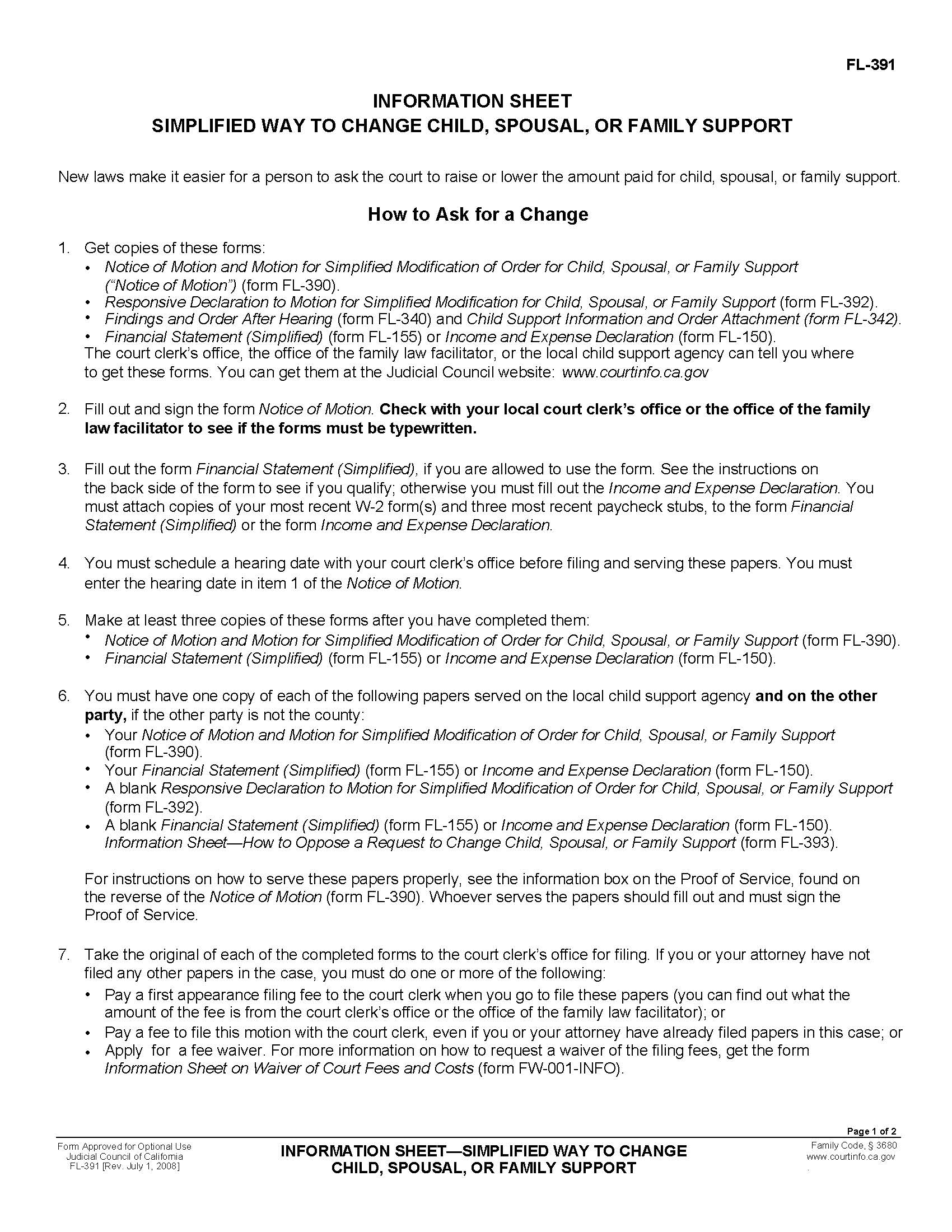 Information Sheet Simplified Way To Change Child Spousal Or Family Support {FL-391} | Pdf Doc Docx | California