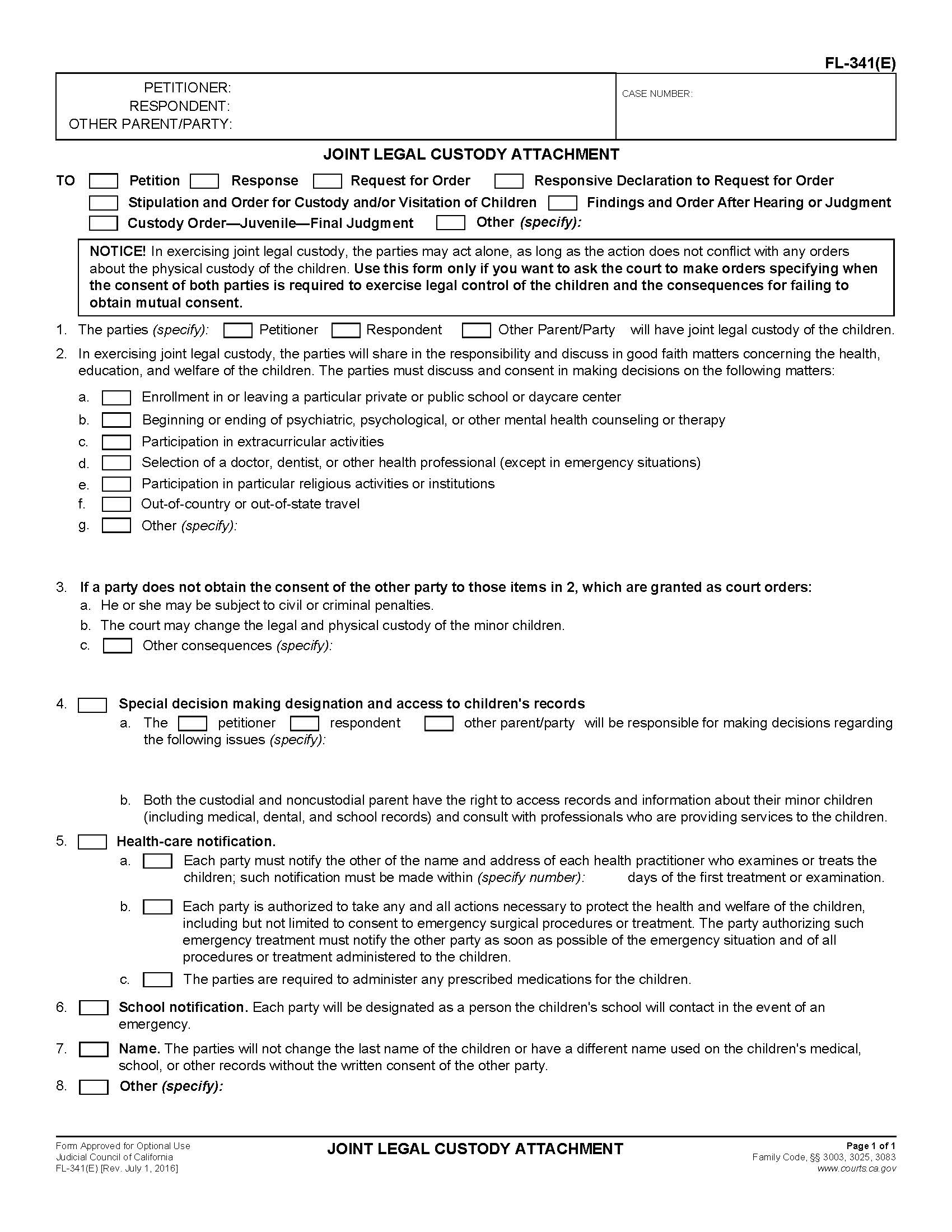 Joint Legal Custody Attachment {FL-341(E)} | Pdf Fpdf Doc Docx | California